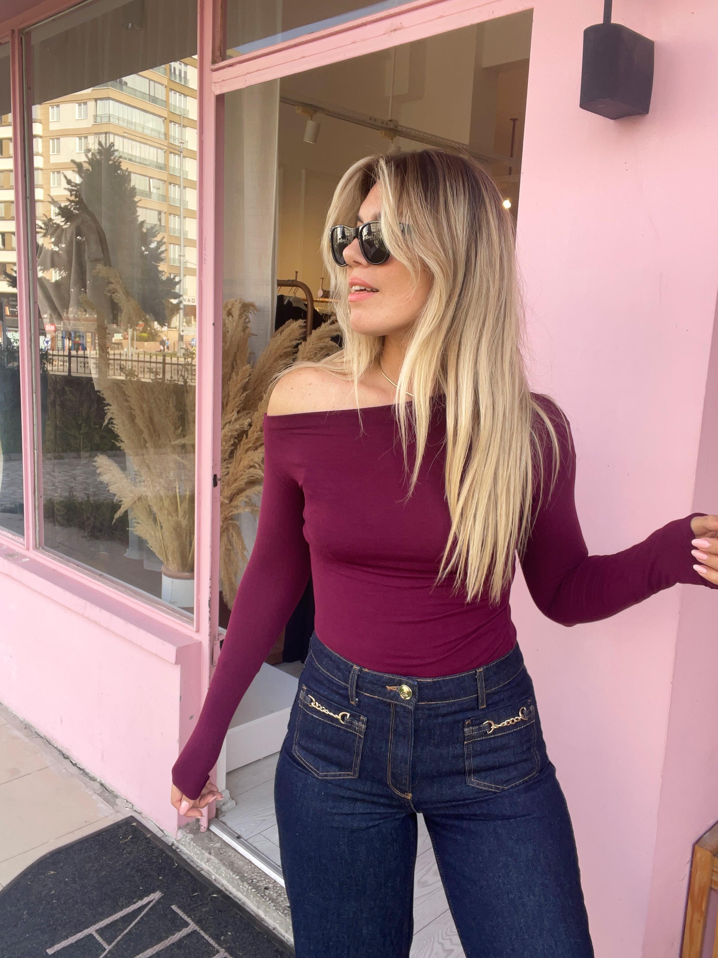 Bordo Düşük Omuzlu Kaşmir Bluz