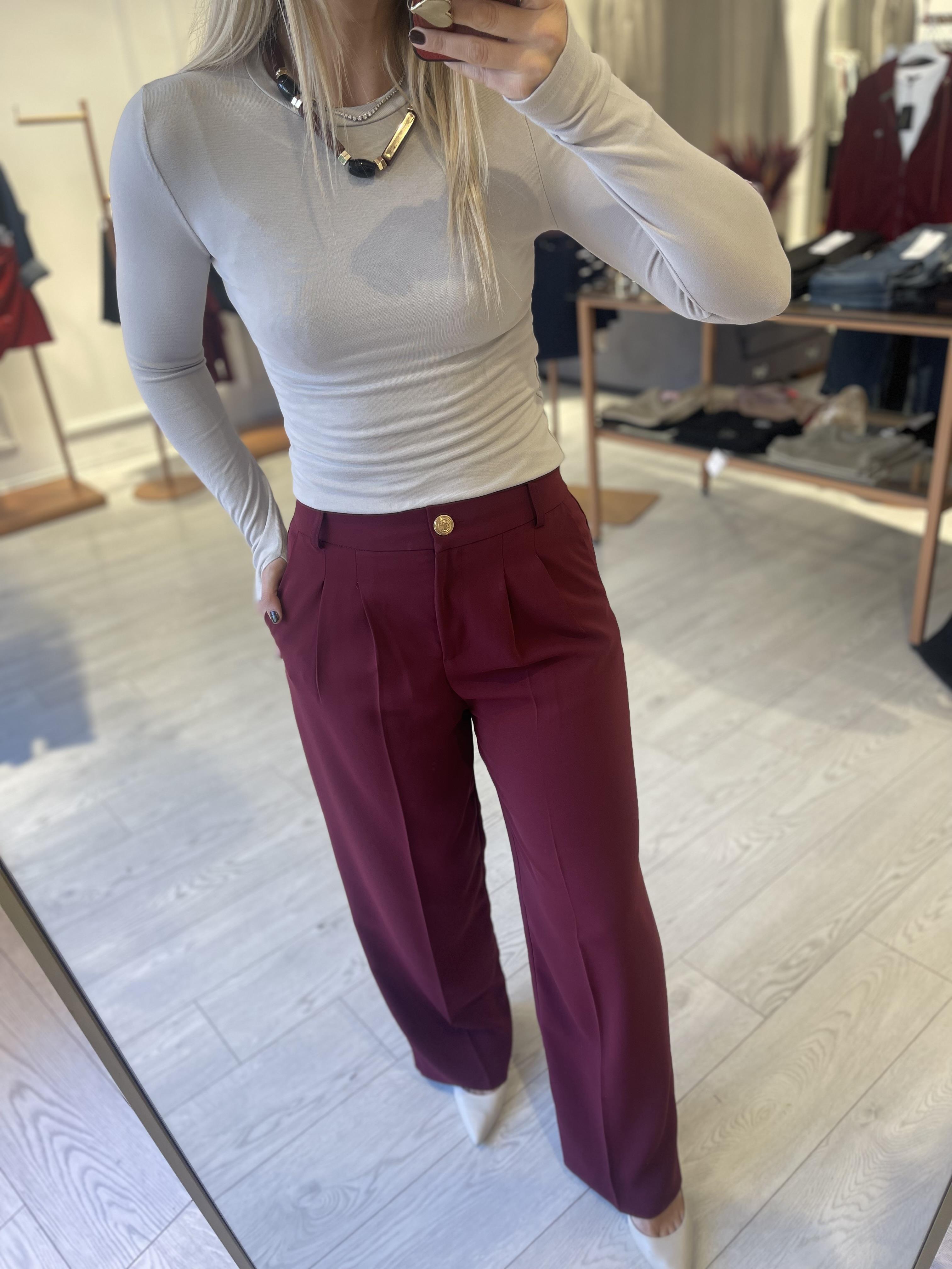 Bordo Gold Düğmeli Arka Beli Lastikli Premium Kumaş Palazzo Pantolon · 5