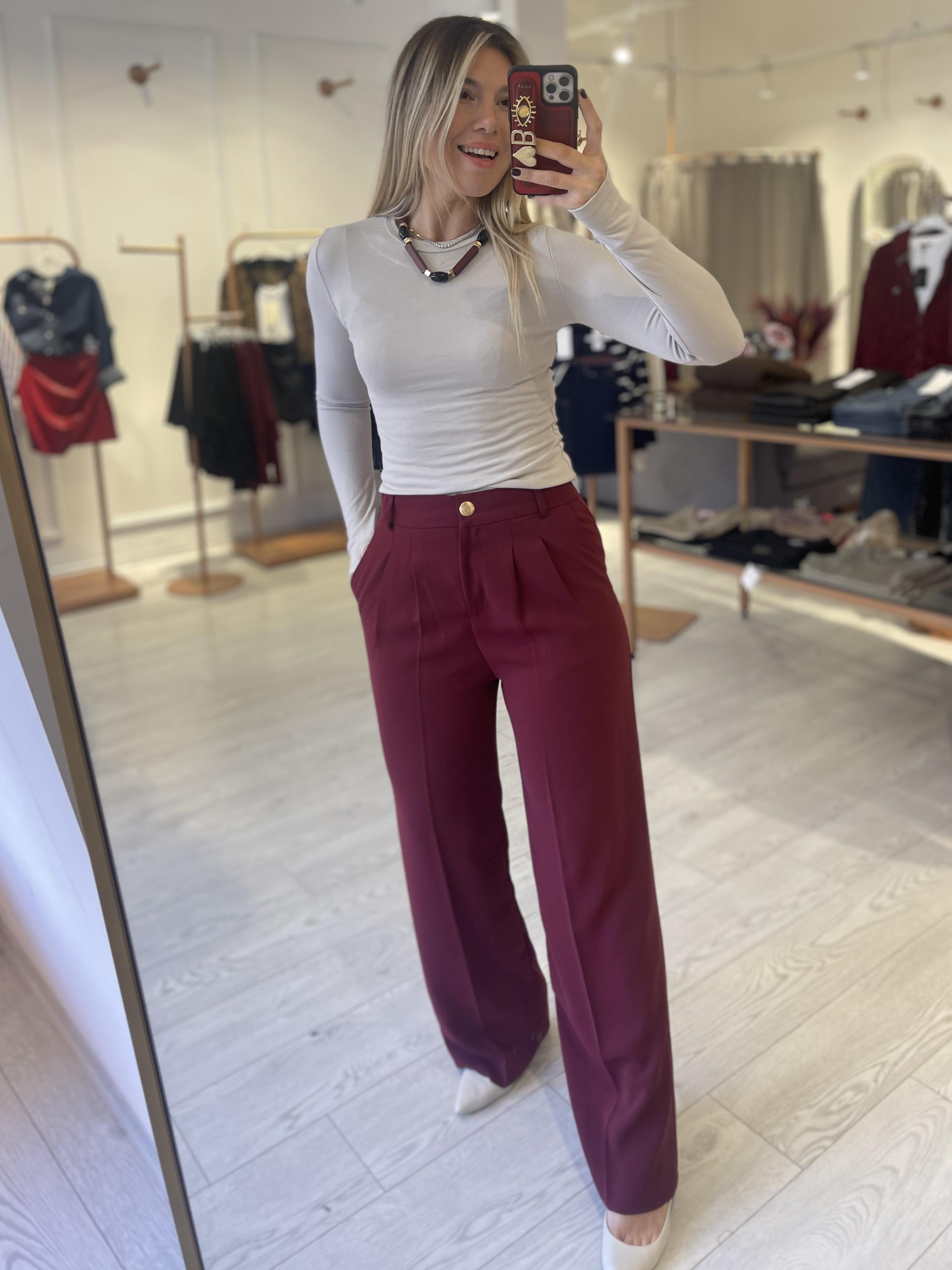 Bordo Gold Düğmeli Arka Beli Lastikli Premium Kumaş Palazzo Pantolon