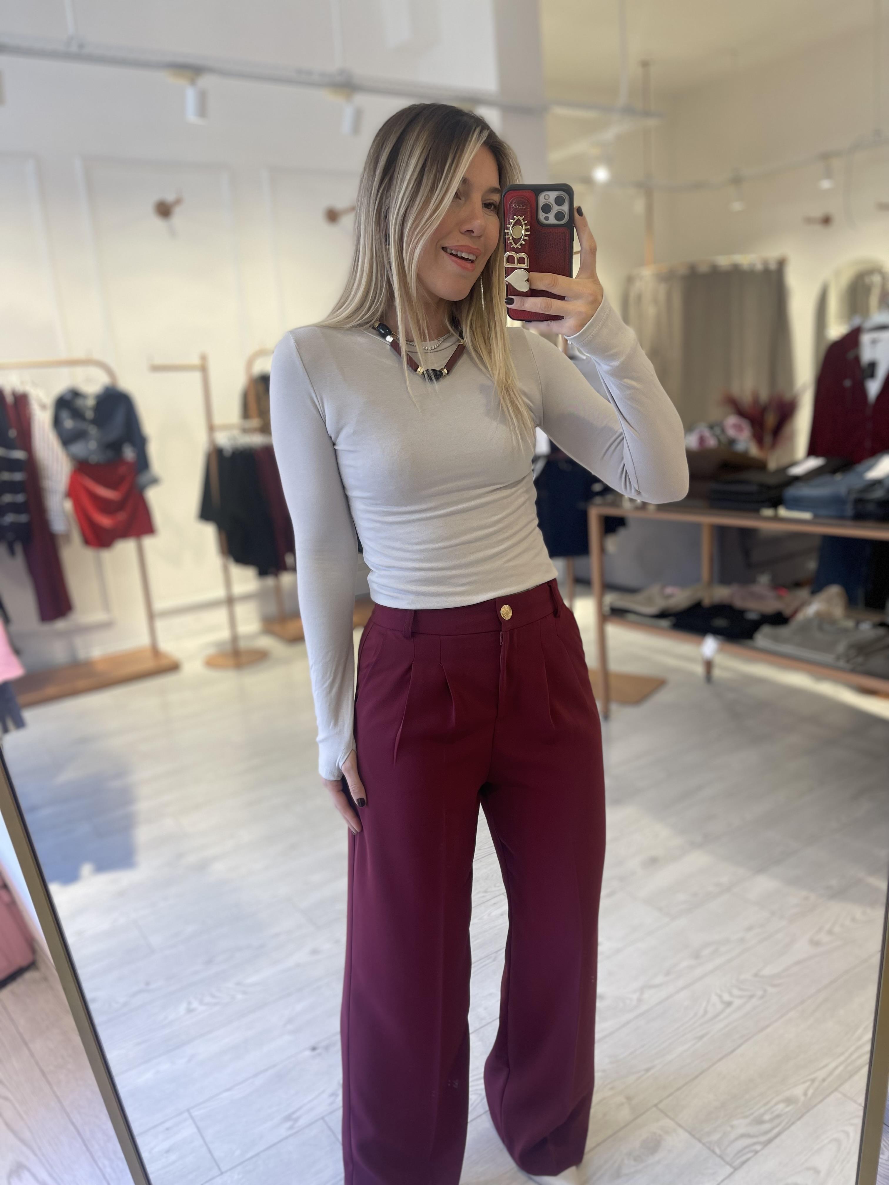 Bordo Gold Düğmeli Arka Beli Lastikli Premium Kumaş Palazzo Pantolon · 3