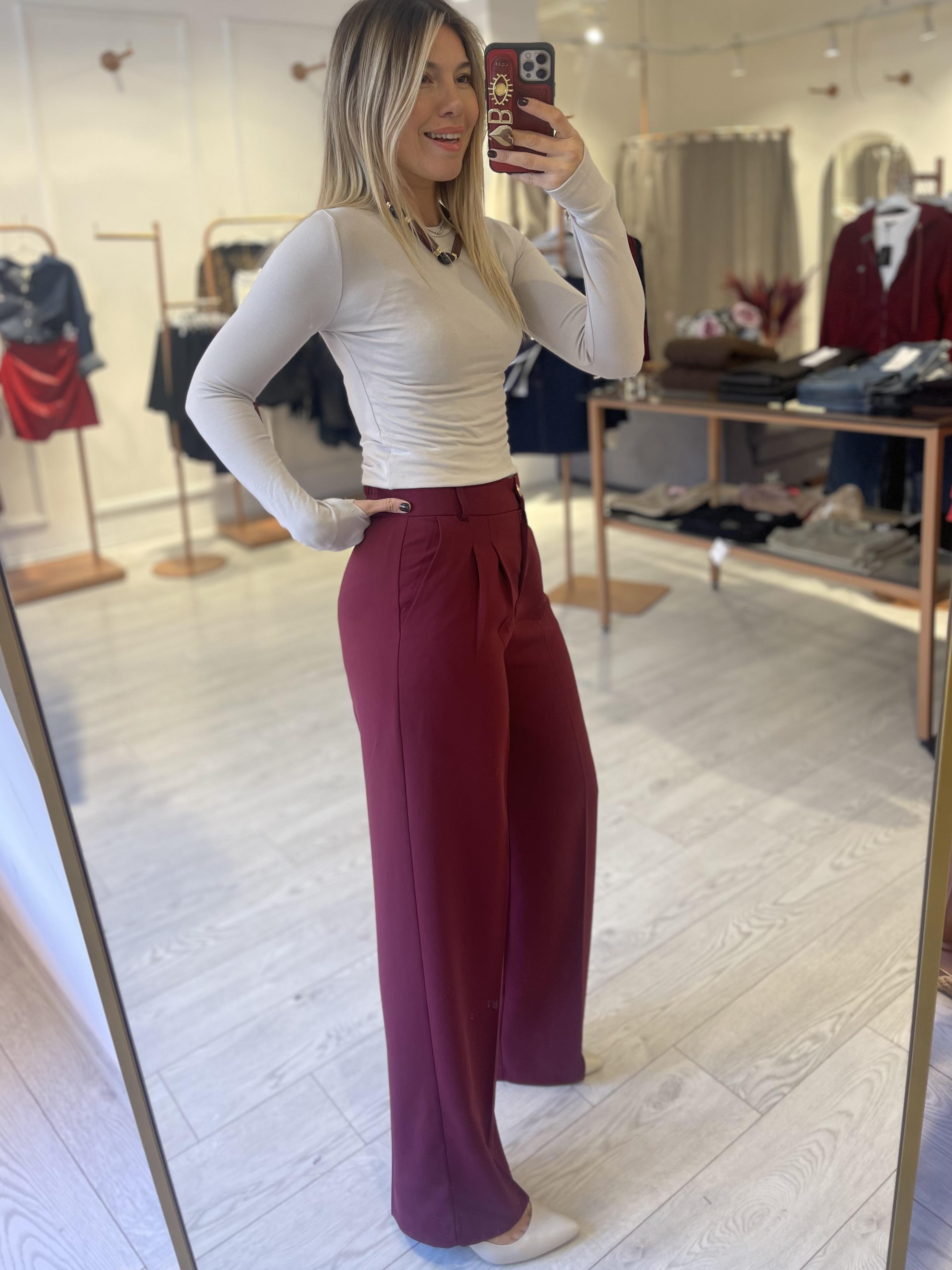 Bordo Gold Düğmeli Arka Beli Lastikli Premium Kumaş Palazzo Pantolon · 2