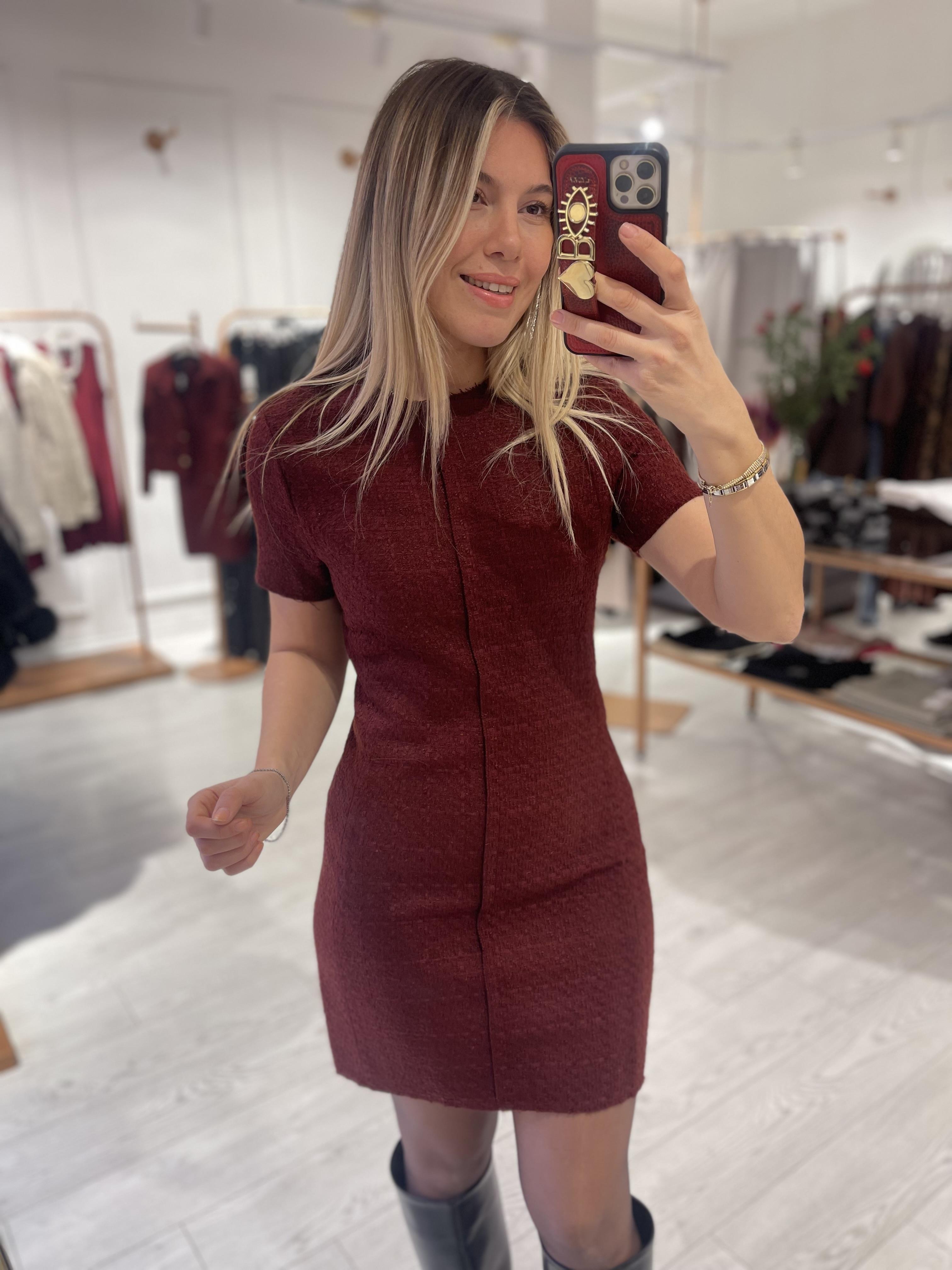 Bordo Kısa Kollu Tüvit Elbise