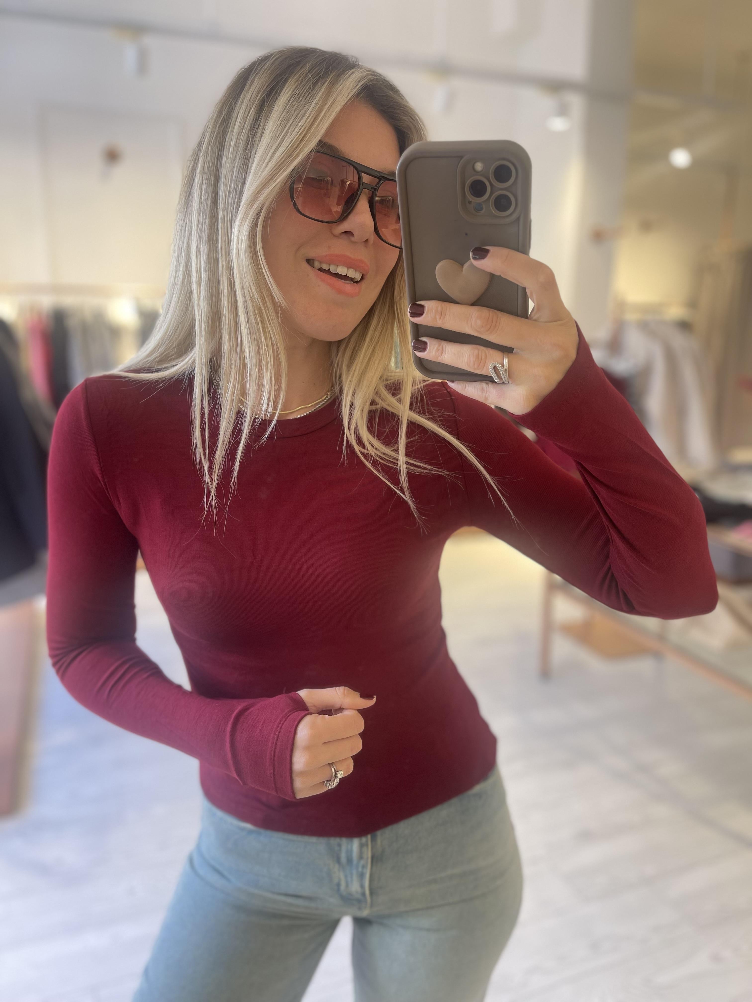 Bordo Massi.Yumuşak Dokulu Parmak Geçirmeli Basic Bluz