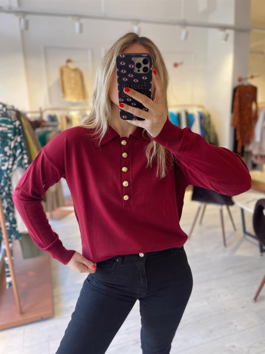 Bordo Polo Yaka Gold Düğmeli Triko