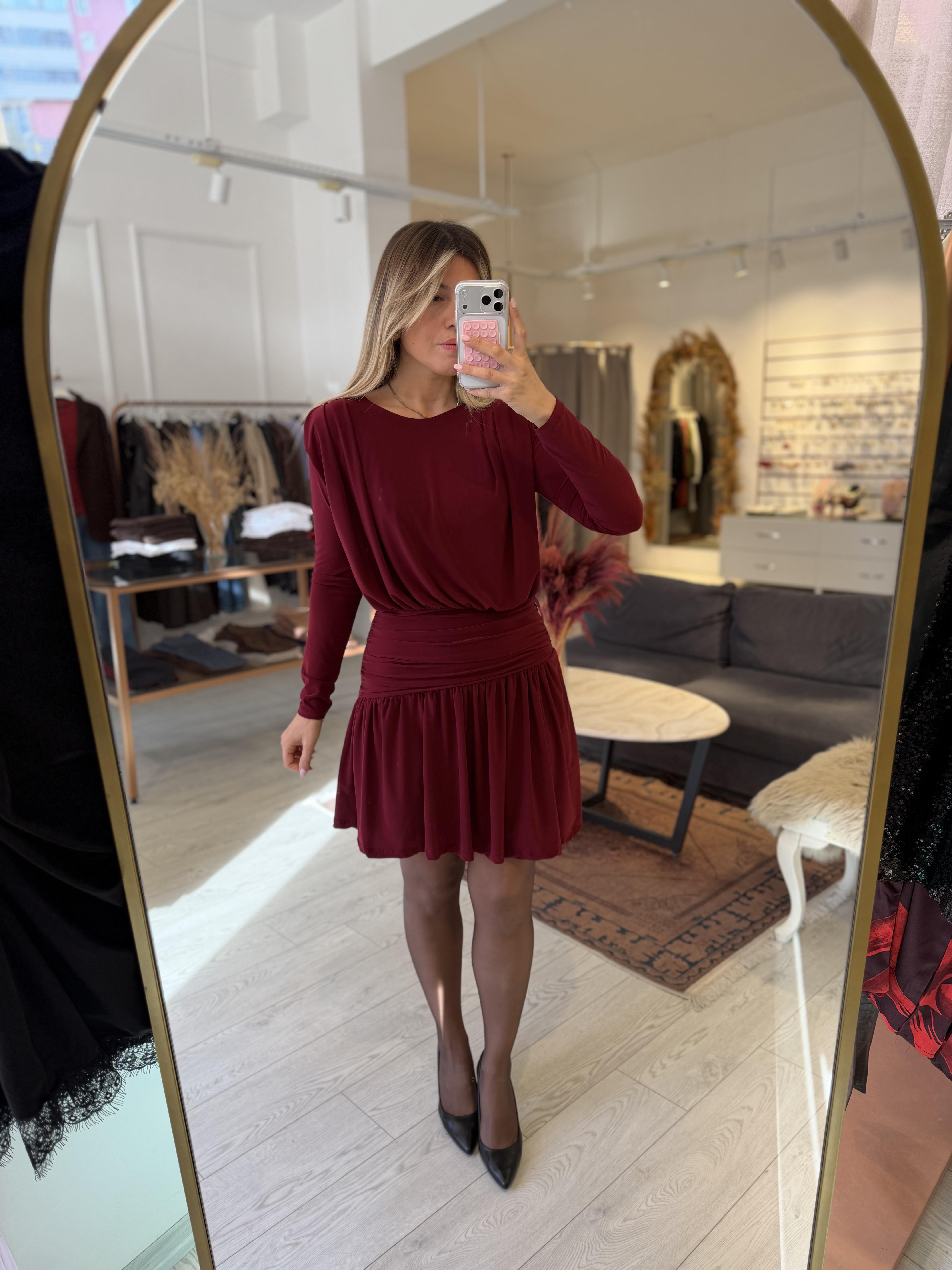 Bordo Sandy Drapeli Mini Elbise