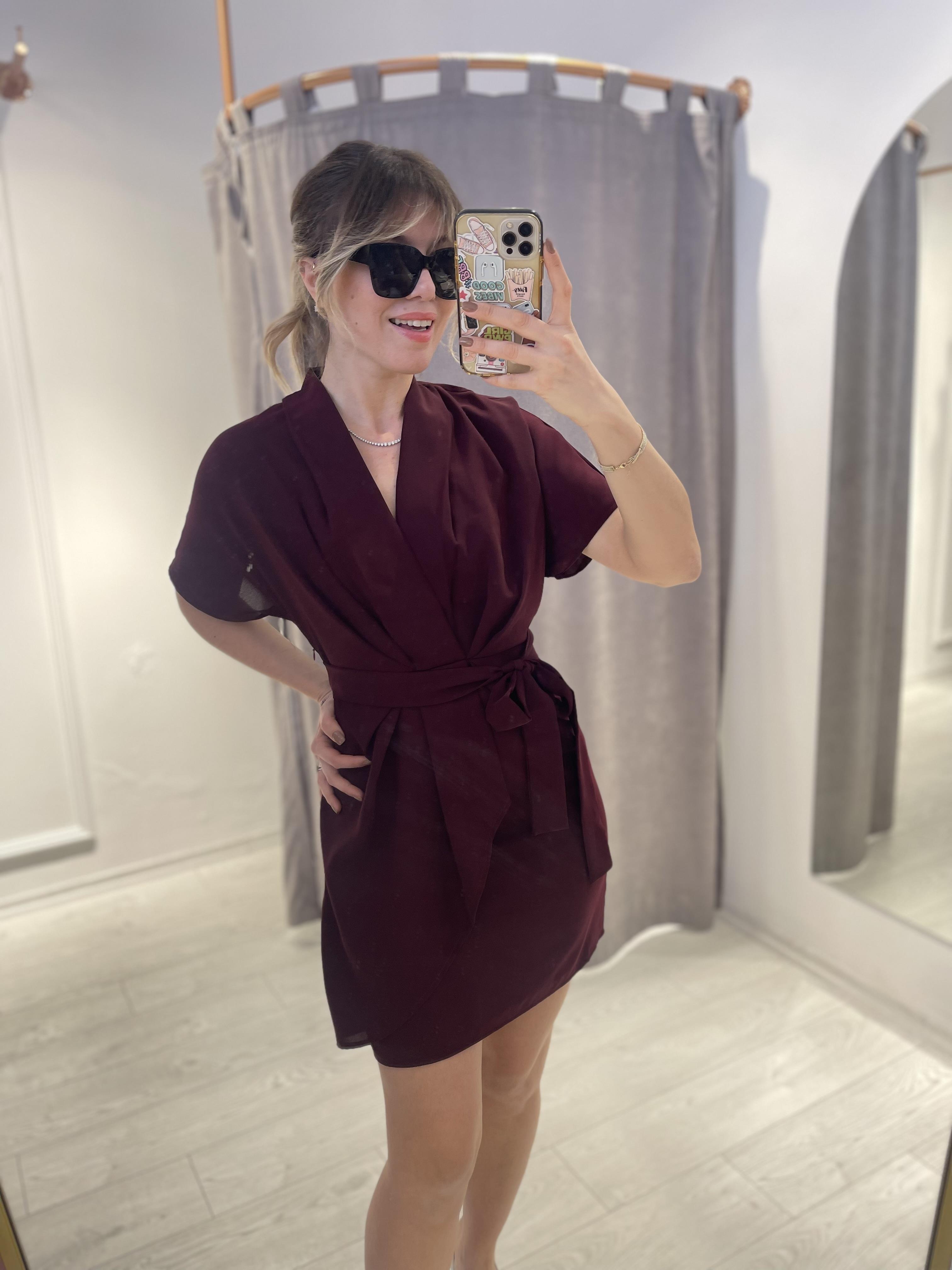 Bordo Şifon Mini Elbise · 2