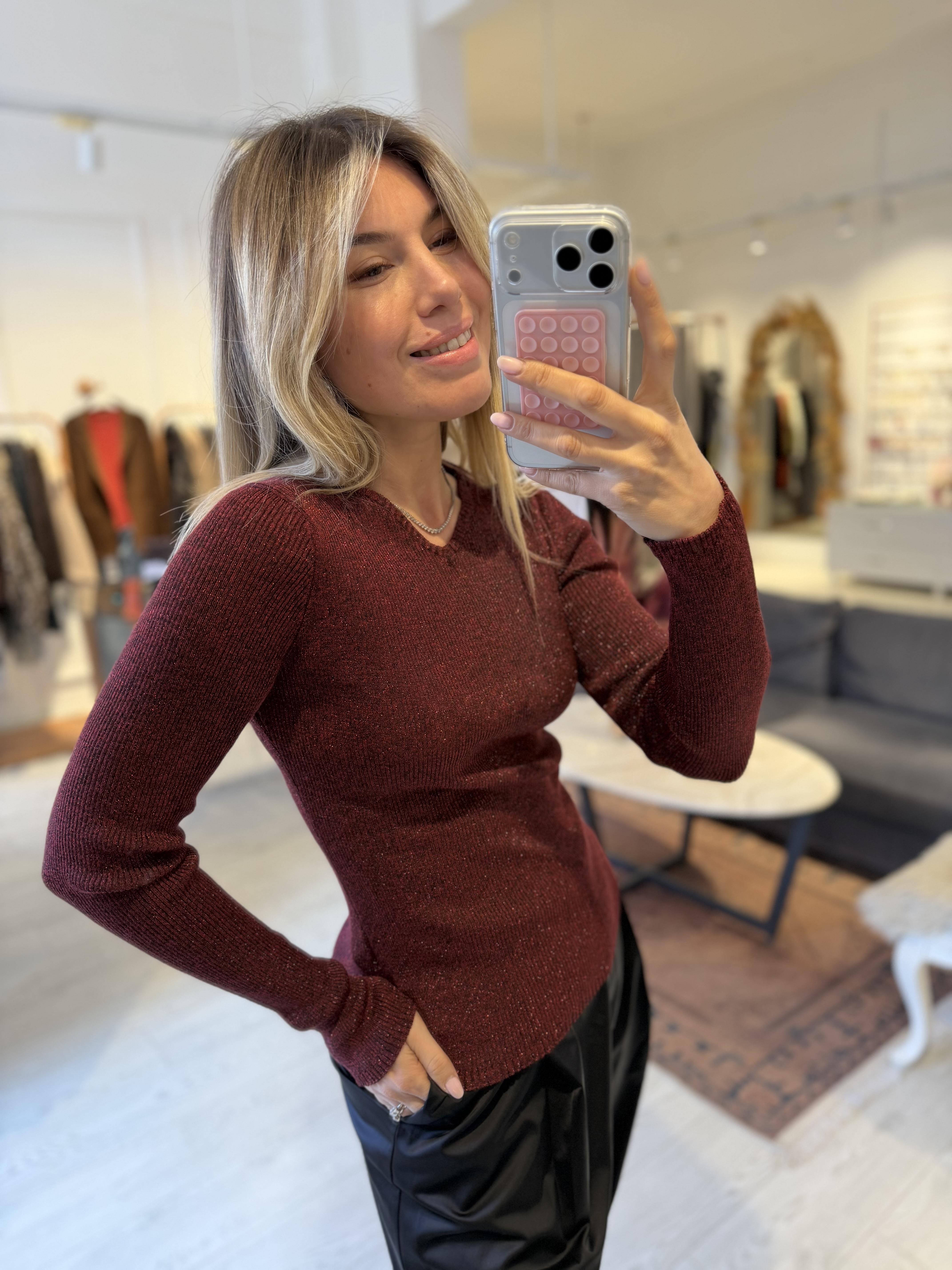 Bordo Simli V Yaka Uzun Kol Triko Bluz