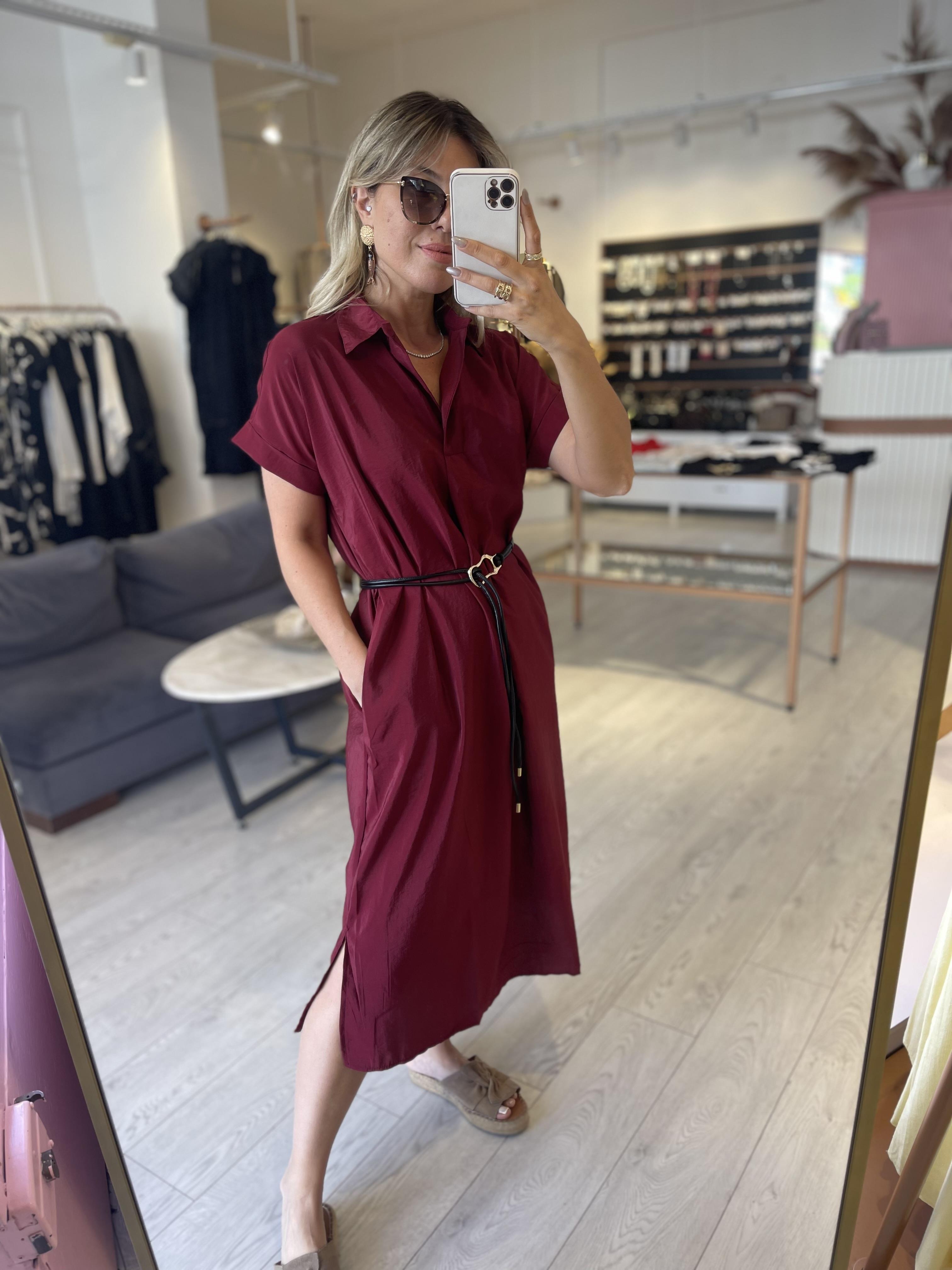 Bordo Tensel Duble Kollu Kemerli Midi Elbise