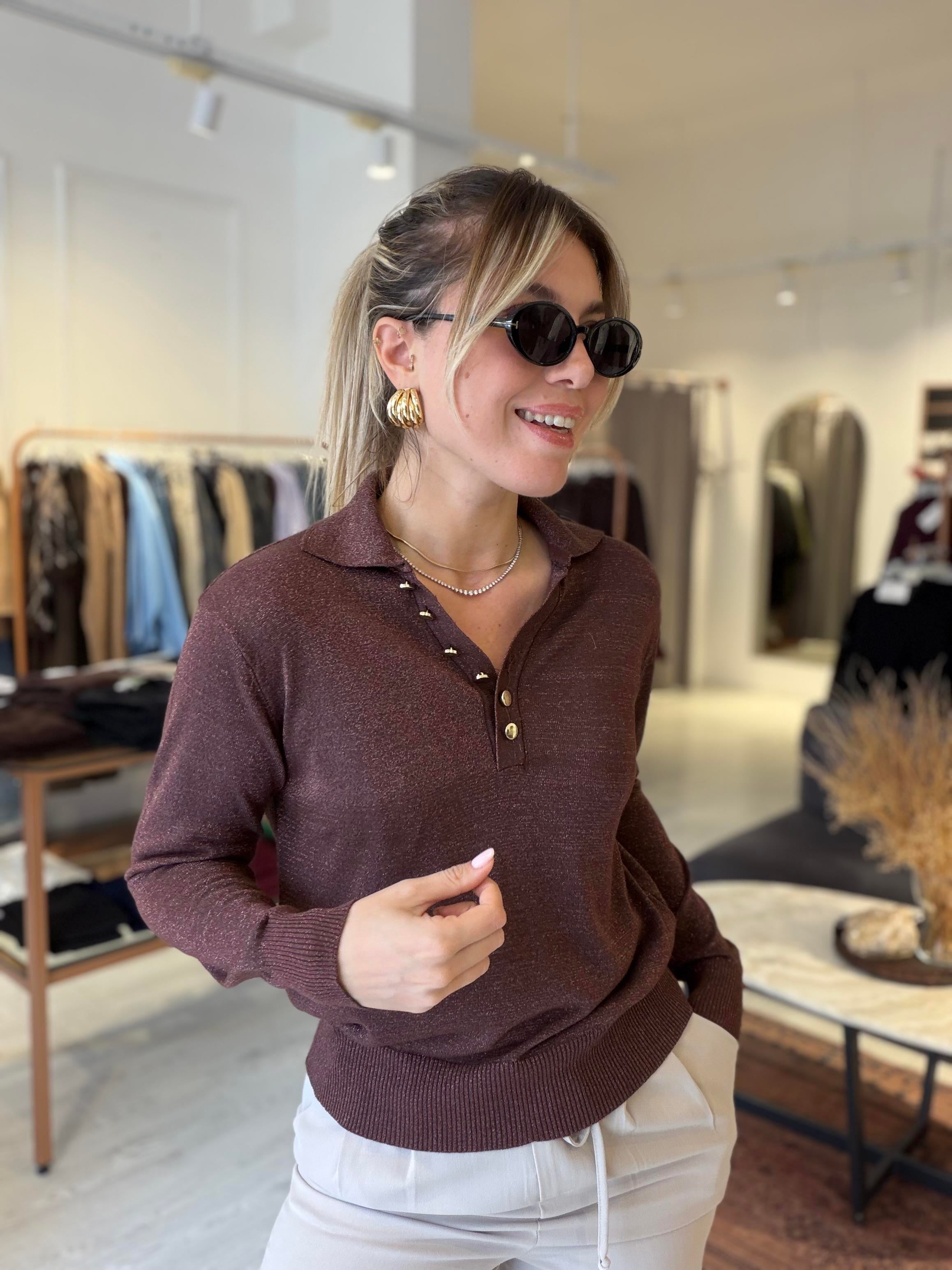 Bukitta Bordo V Yaka Simli Triko Bluz – Uzun Kollu, Tam Kalıp Şık Kadın Triko Üst, Yumuşak Dokulu Düz Desen Işıltılı Bluz