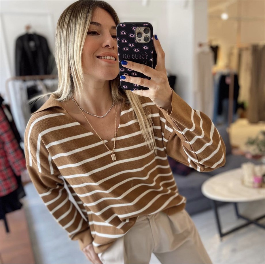 Camel Çizgili V Yaka Triko 