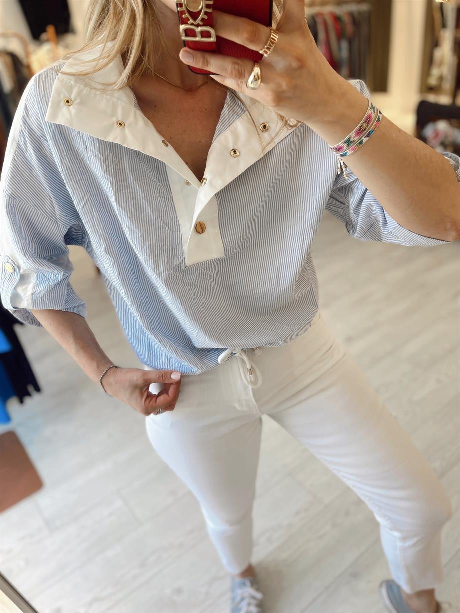 Çizgili Gold Düğme Detaylı Poplin Bluz · 5