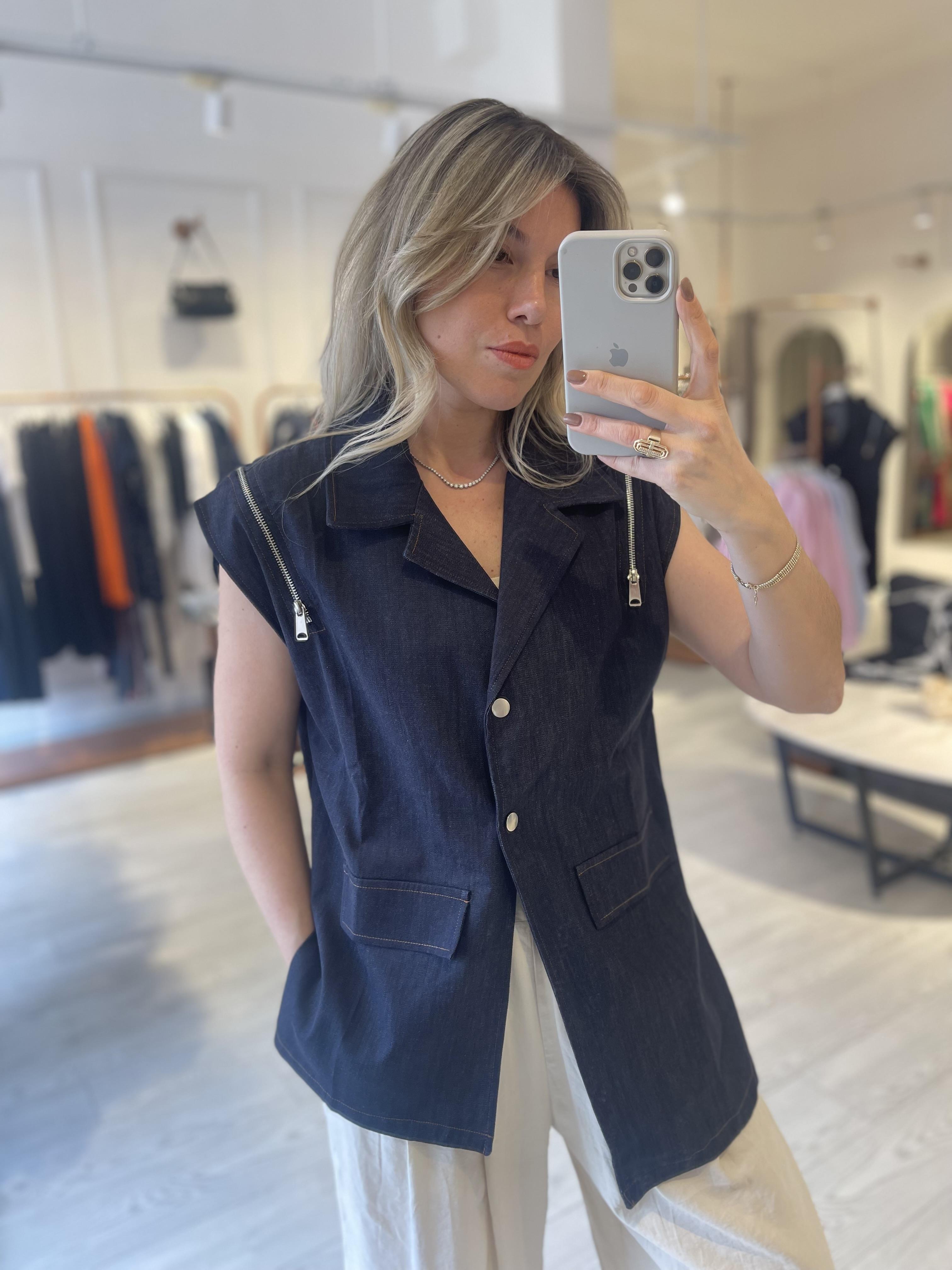 Denim Fermuar Detaylı Tasarım Yelek