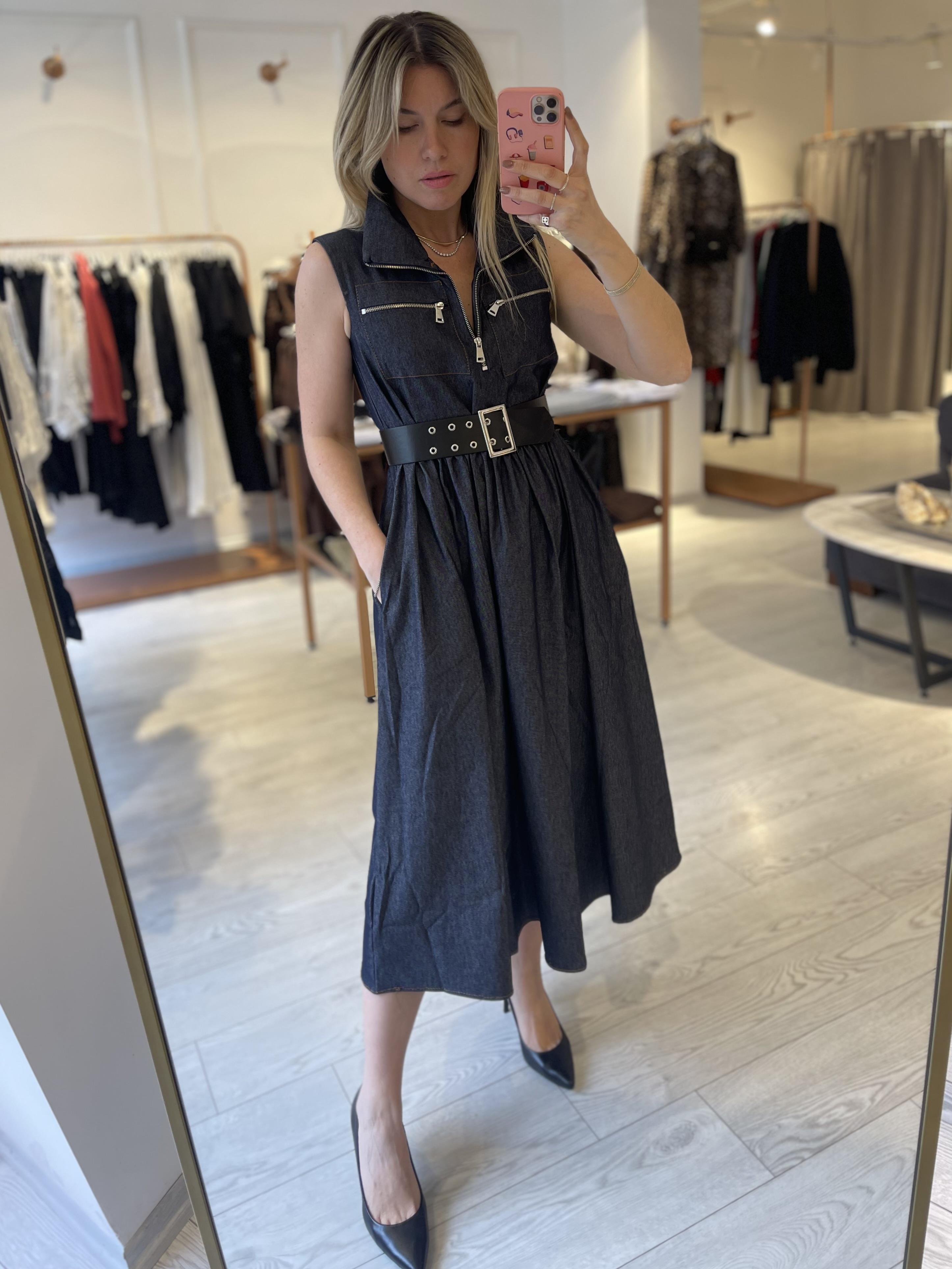 Denim Kolsuz Tasarım Midi Kemerli Elbise