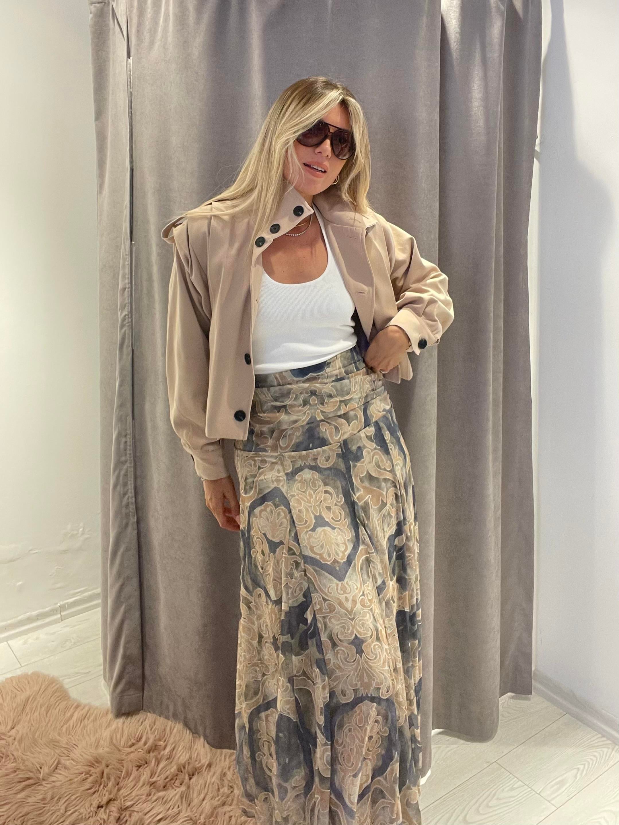 Desenli Bel Dropeli Midi Etek