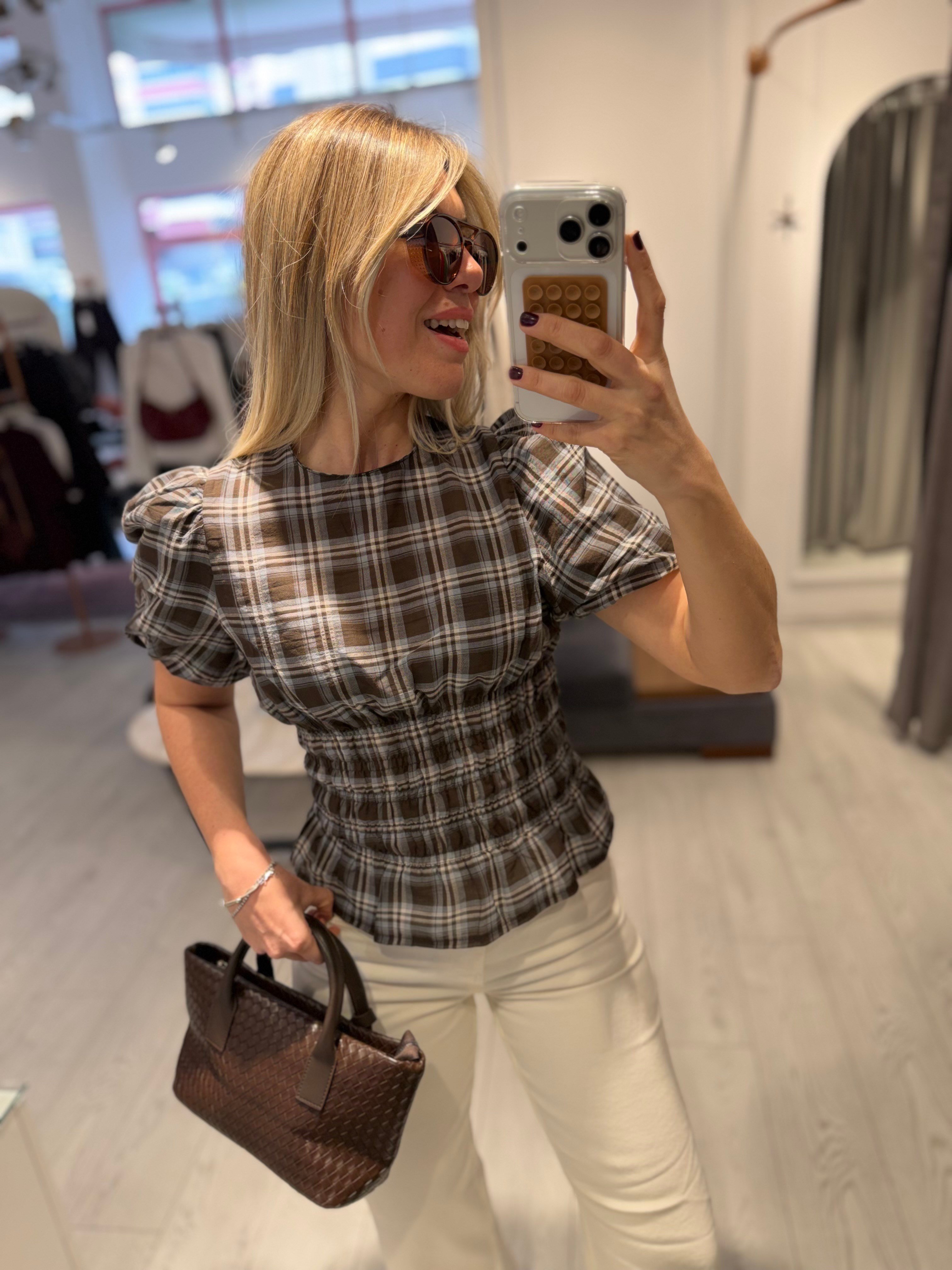 Ekose Desen Bej Kahve Bel Lastikli Bluz