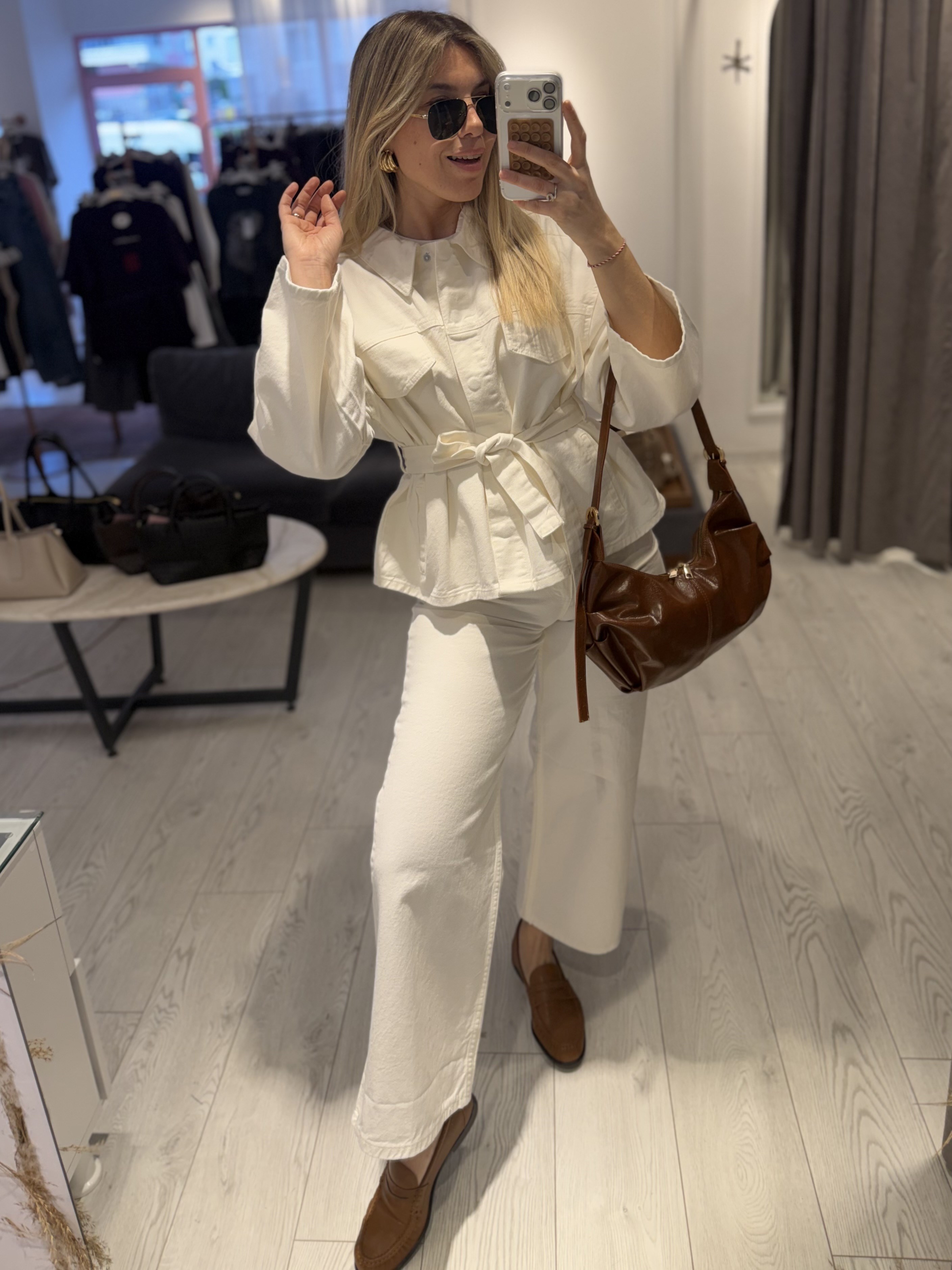 Ekru Bol Paça Denim pantolon 