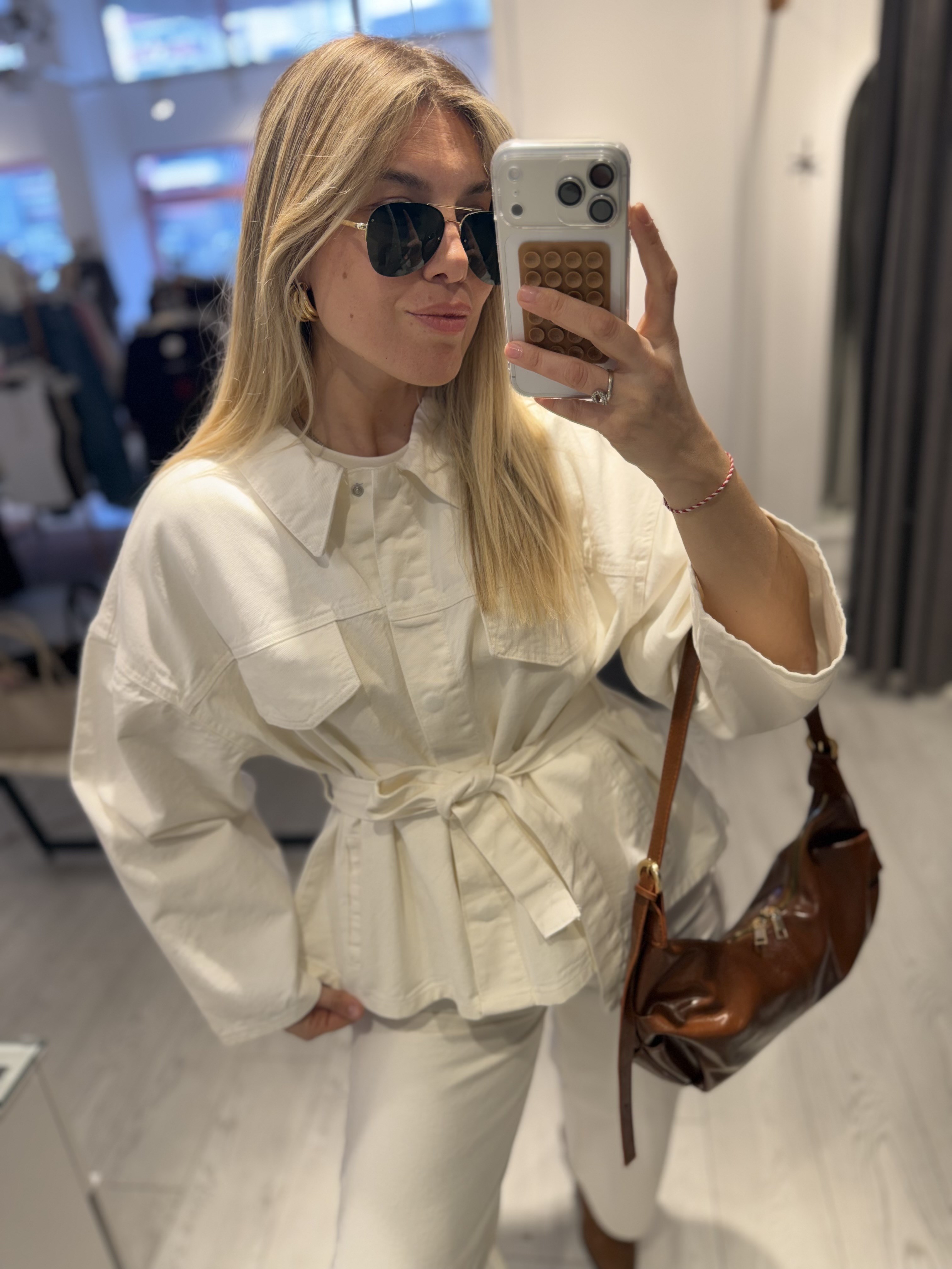 Ekru Denim beli Bağlamalı Ceket