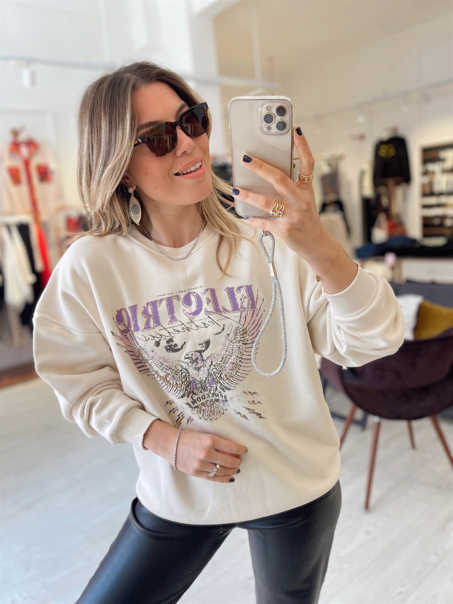 Ekru Kartal Baskı Sweat