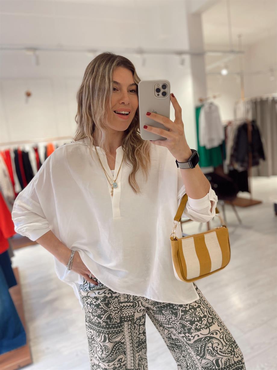 Ekru Keten Hakim Yaka Bluz