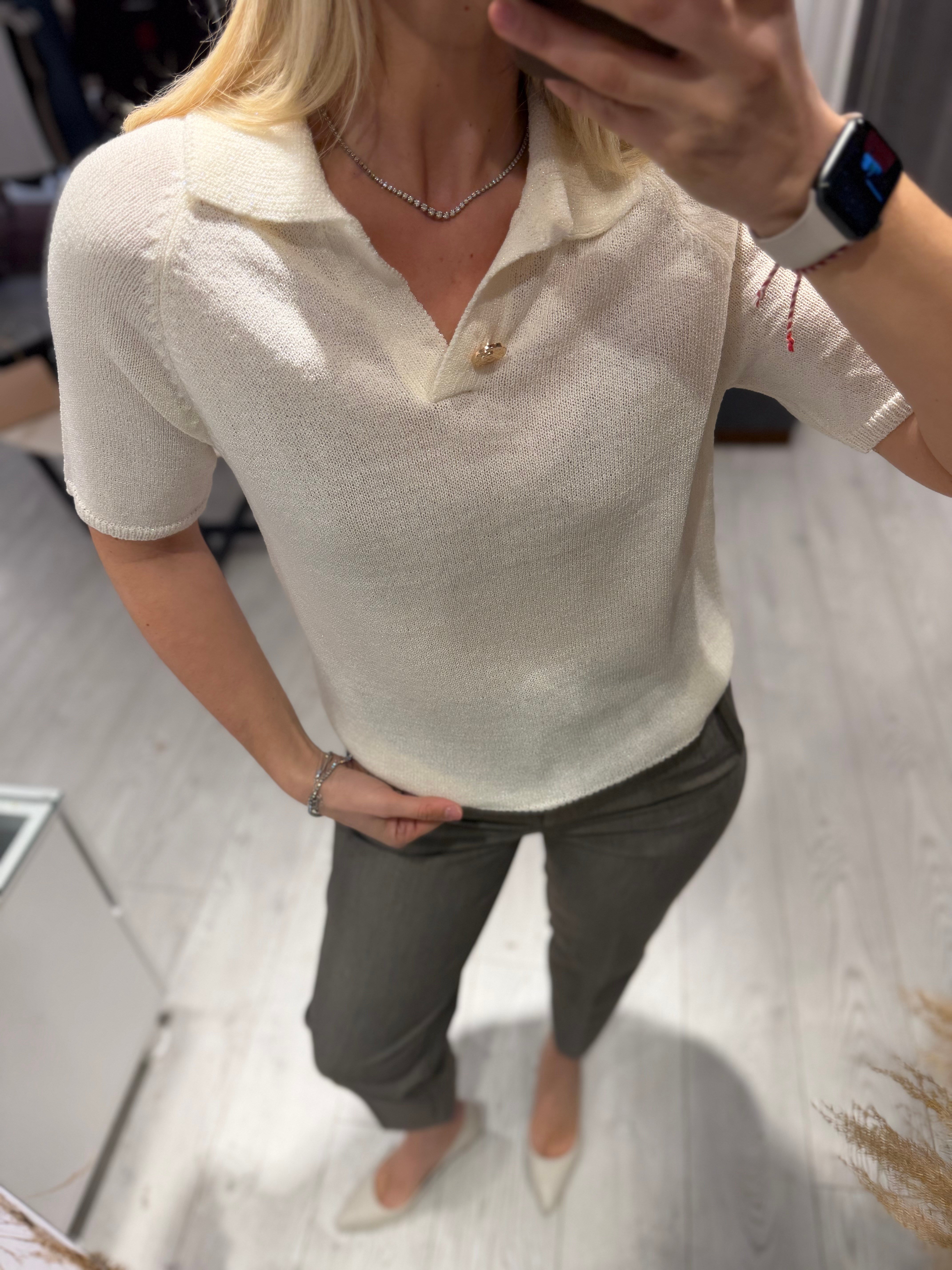 Ekru Tayna Simli Gömlek Yaka Bluz