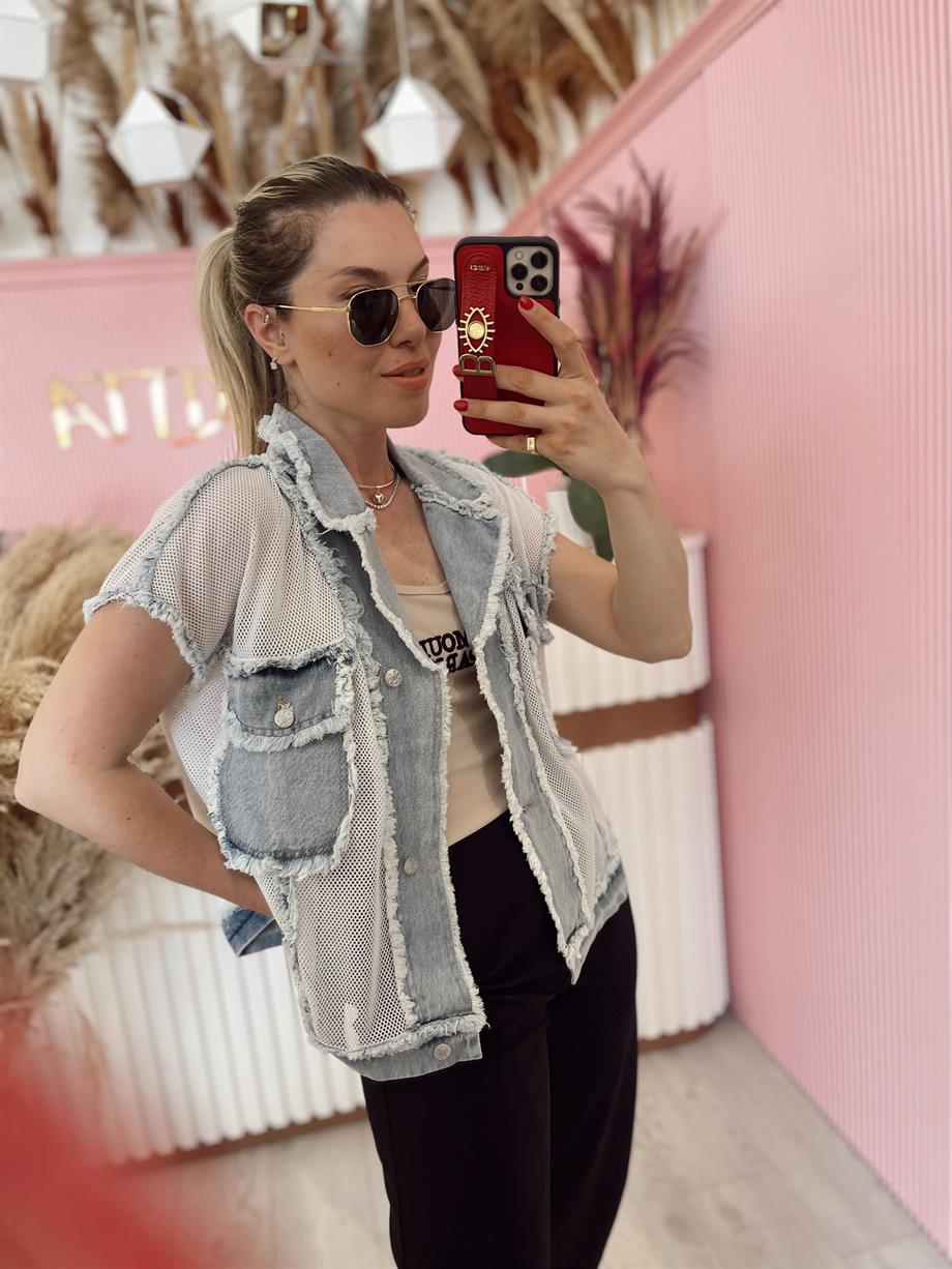 File Detaylı Denim Yelek