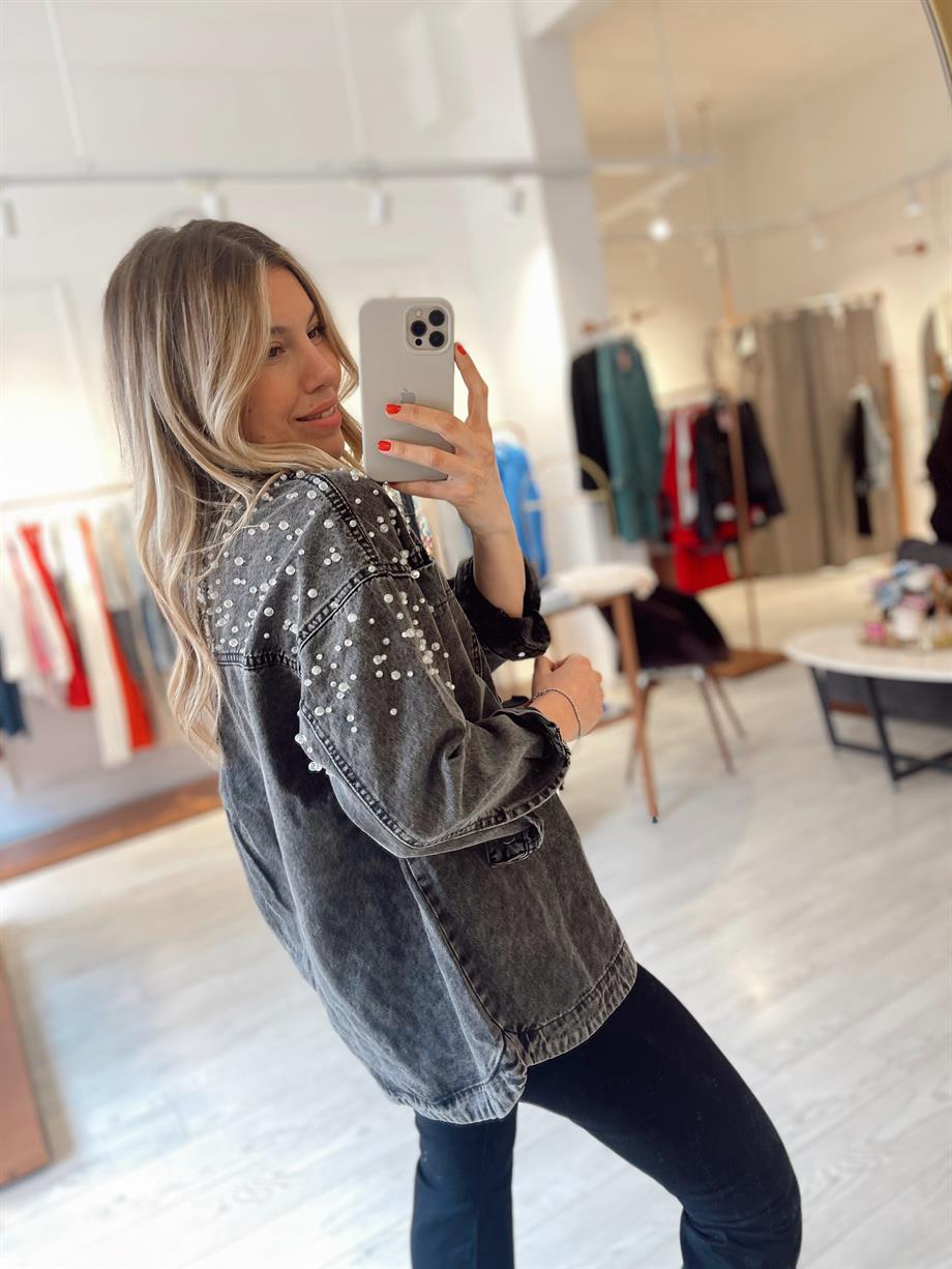 Füme Boncuk İşlemeli Tasarım Denim Ceket