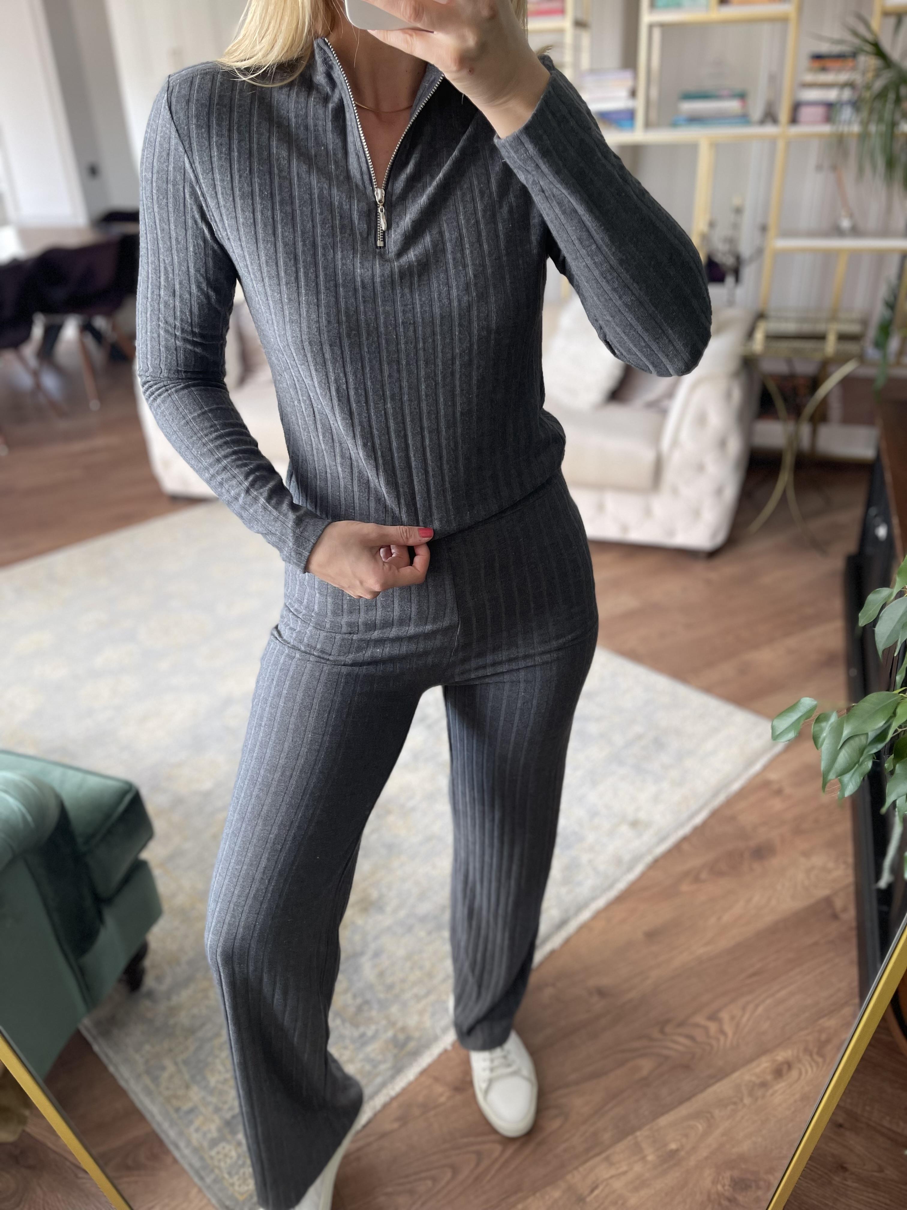 Füme Fermuarlı Dik Yakalı Bol Paça Pantolonlu Yumoş Takım