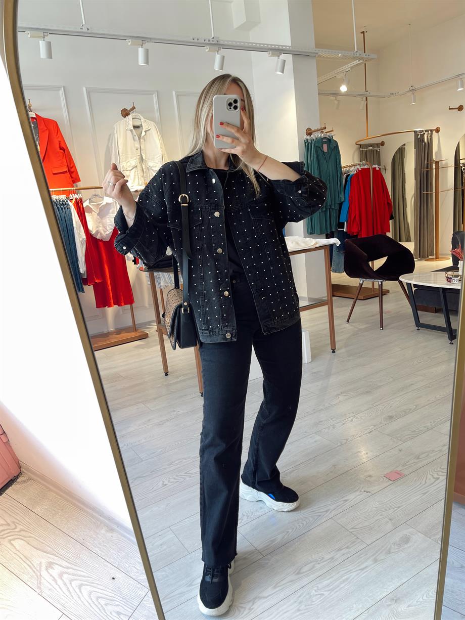 Füme Taş İşlemeli Denim Ceket · 7