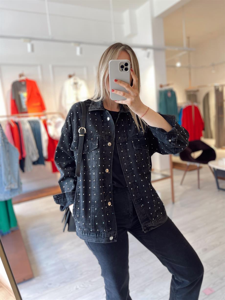 Füme Taş İşlemeli Denim Ceket · 2