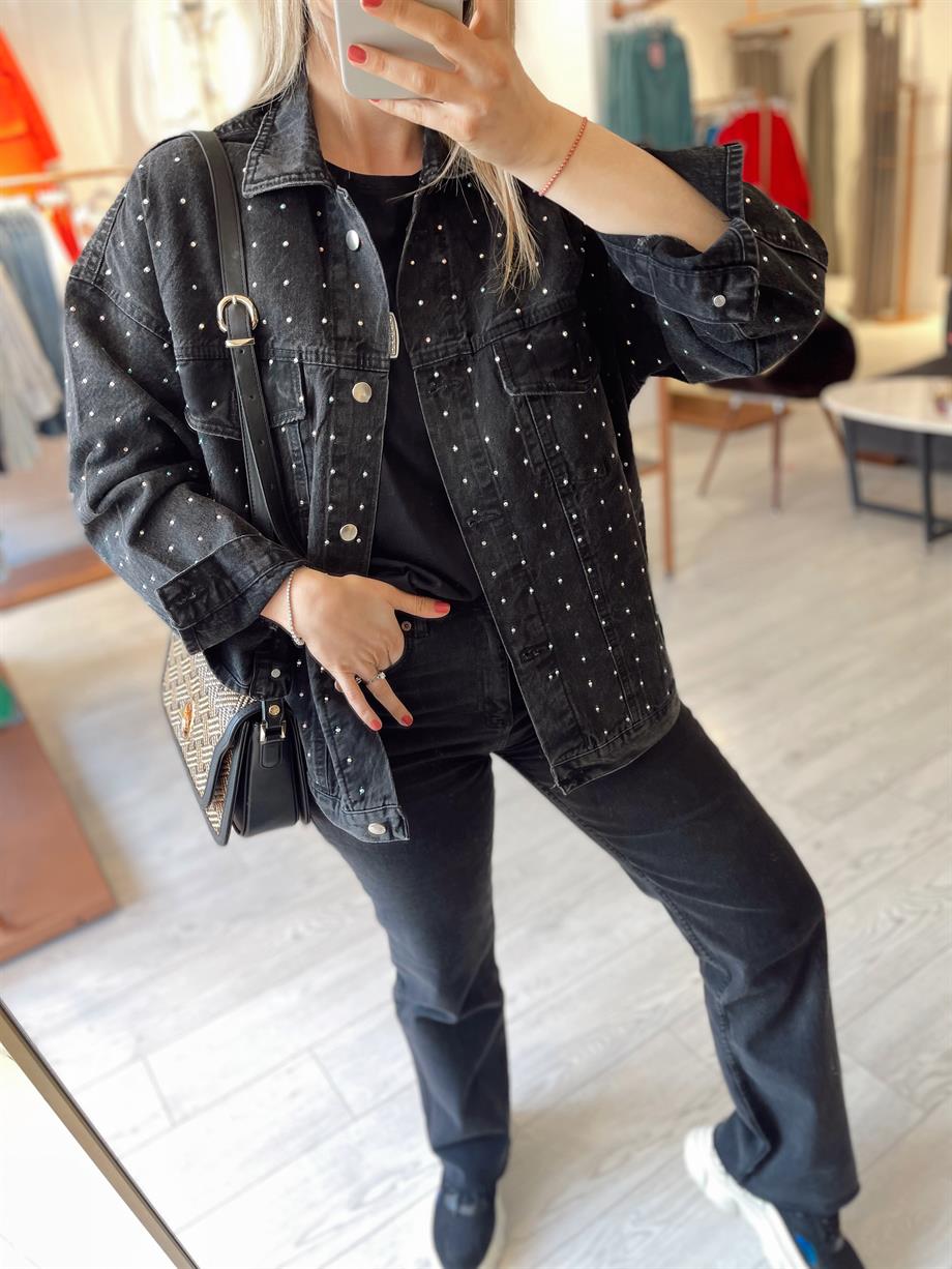 Füme Taş İşlemeli Denim Ceket · 5