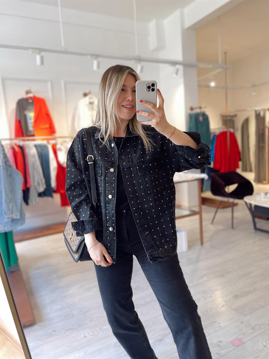 Füme Taş İşlemeli Denim Ceket · 3