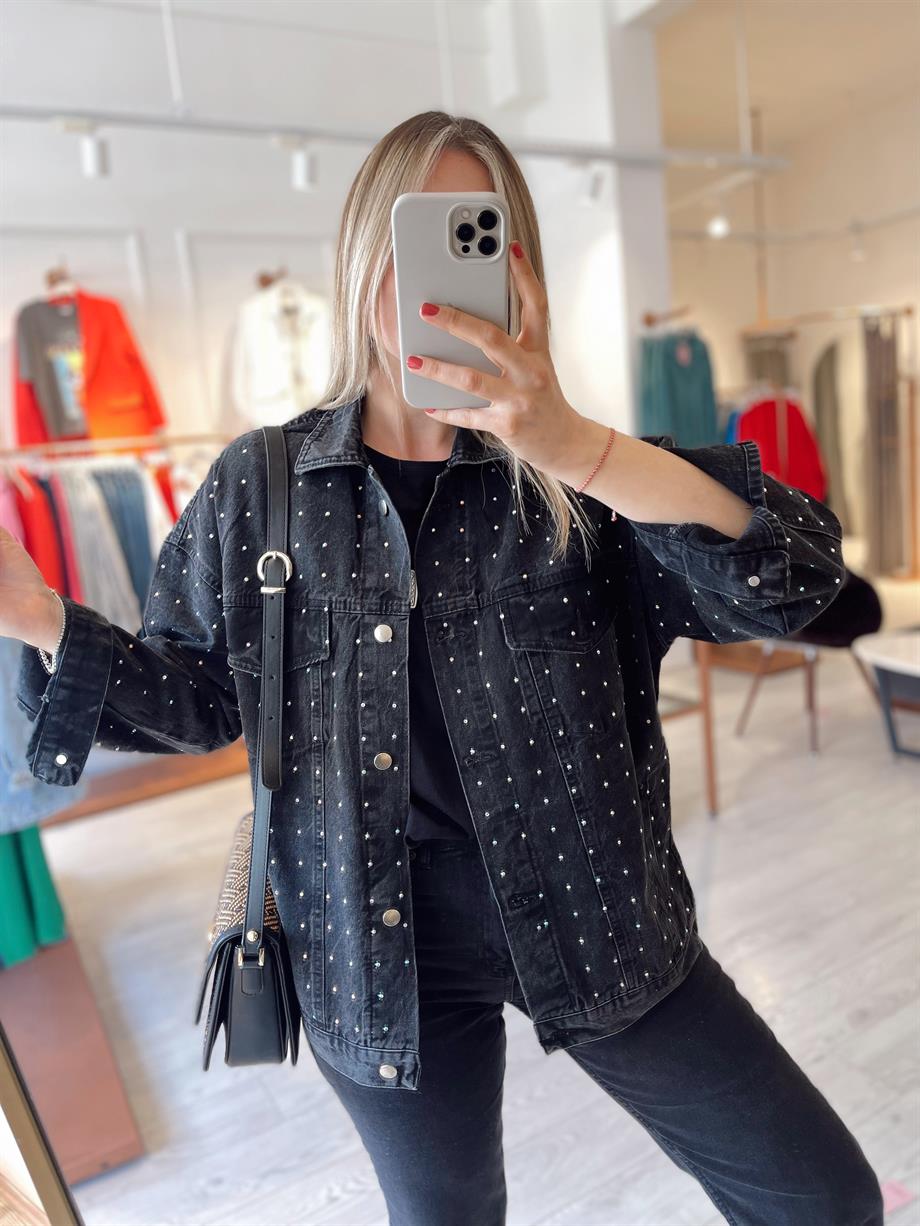 Füme Taş İşlemeli Denim Ceket · 6
