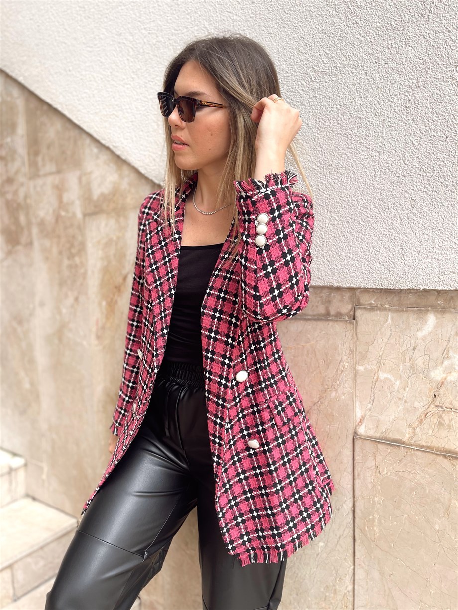 Fuşya Ekose Premium Kalite Tüvit Blazer