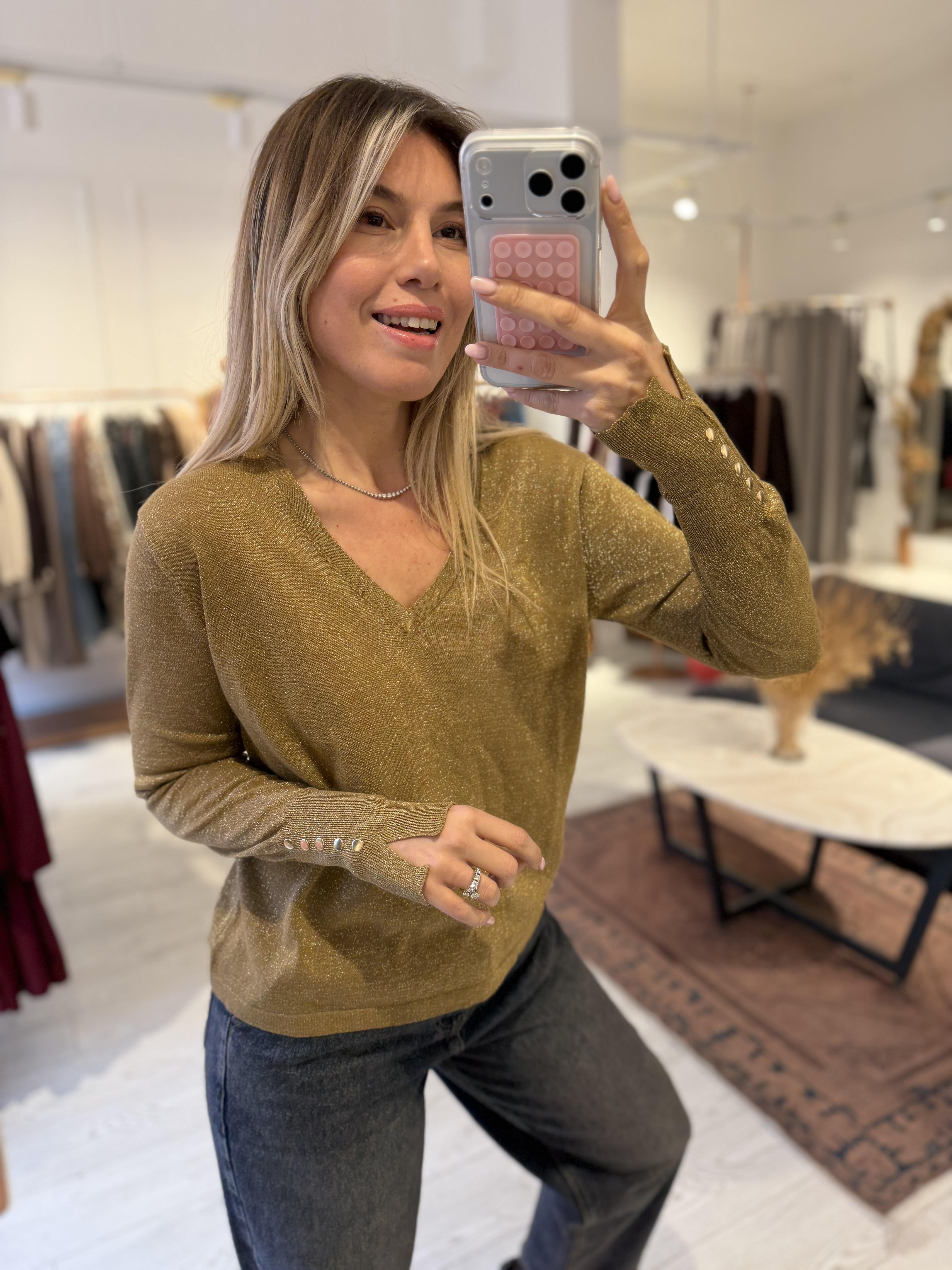 Gold Simli V Yaka Kolları Droplu Triko Bluz