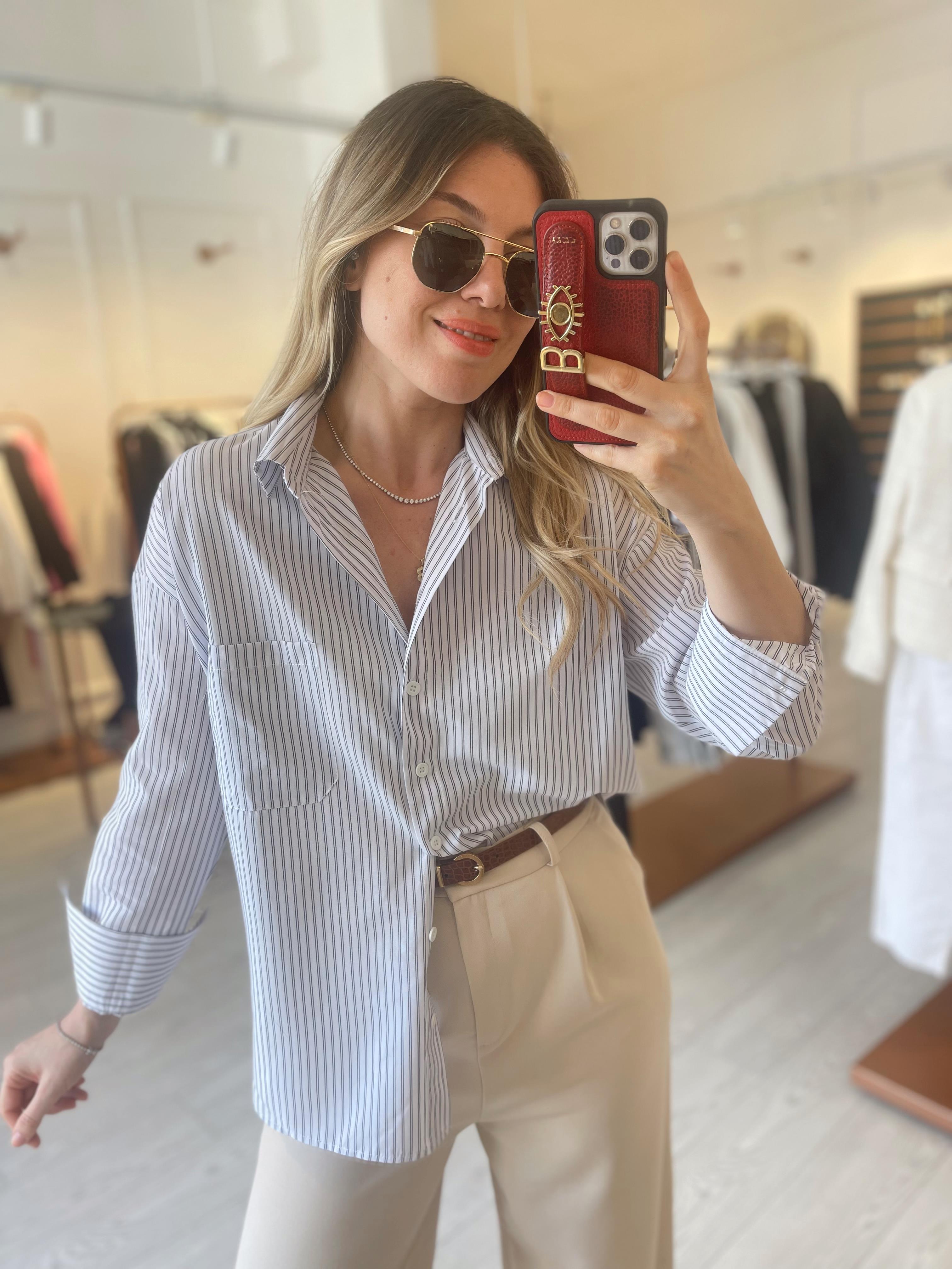 Gri Çizgili Beyaz Poplin Gömlek