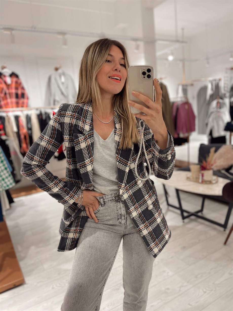 Gri Ekose Torba Cep Blazer