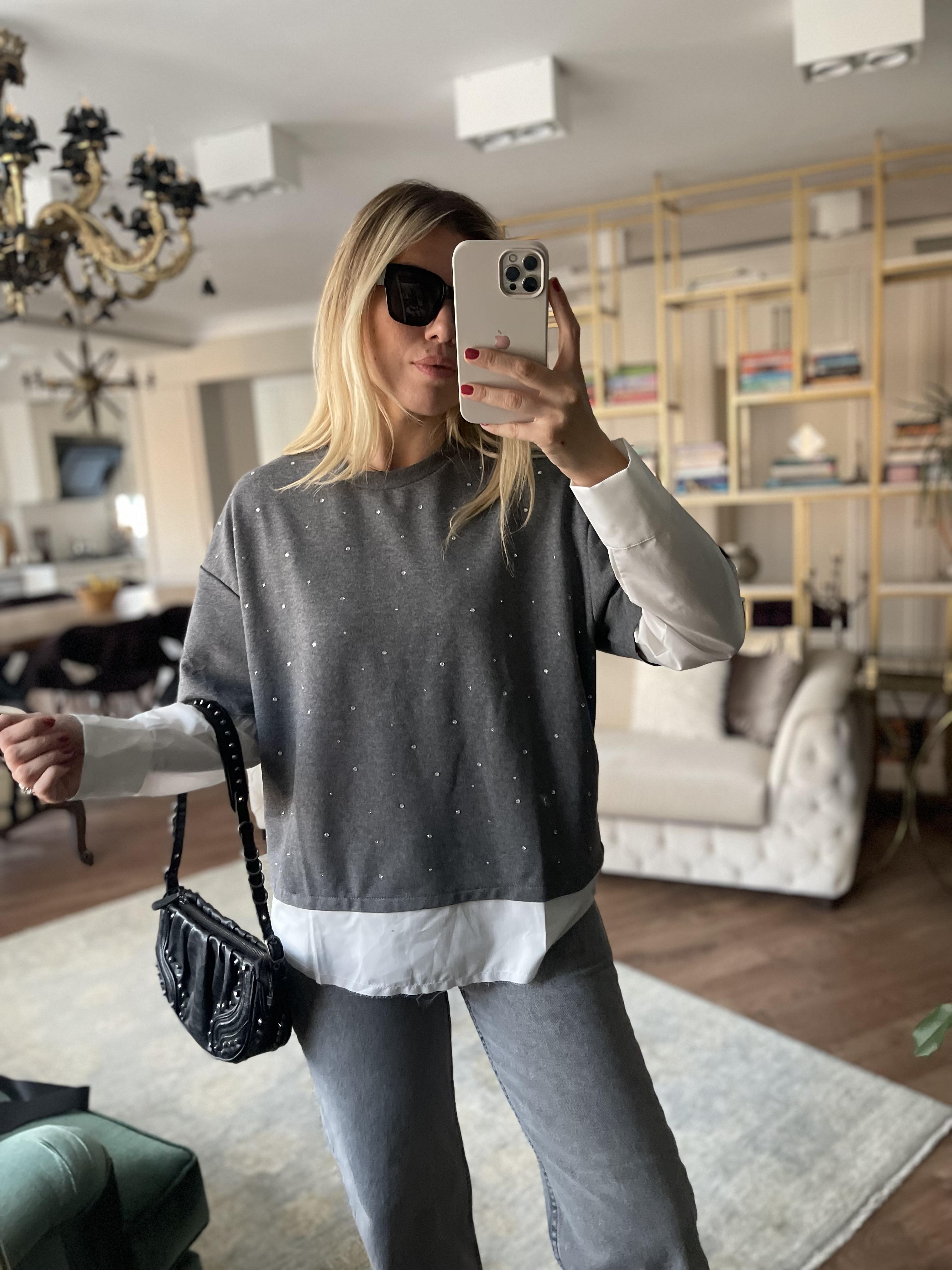 Gri Gömlek Detaylı Taşlı Sweat · 3