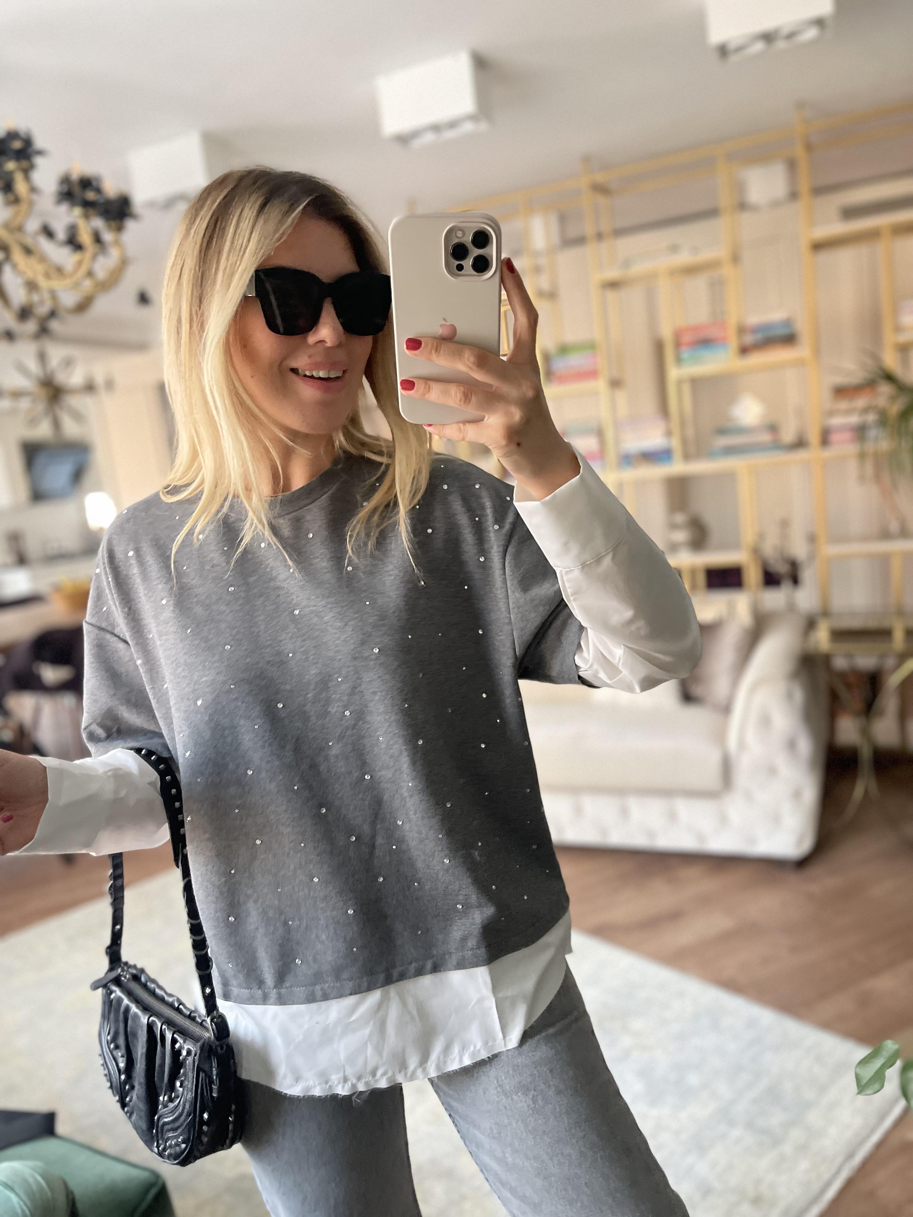 Gri Gömlek Detaylı Taşlı Sweat · 5