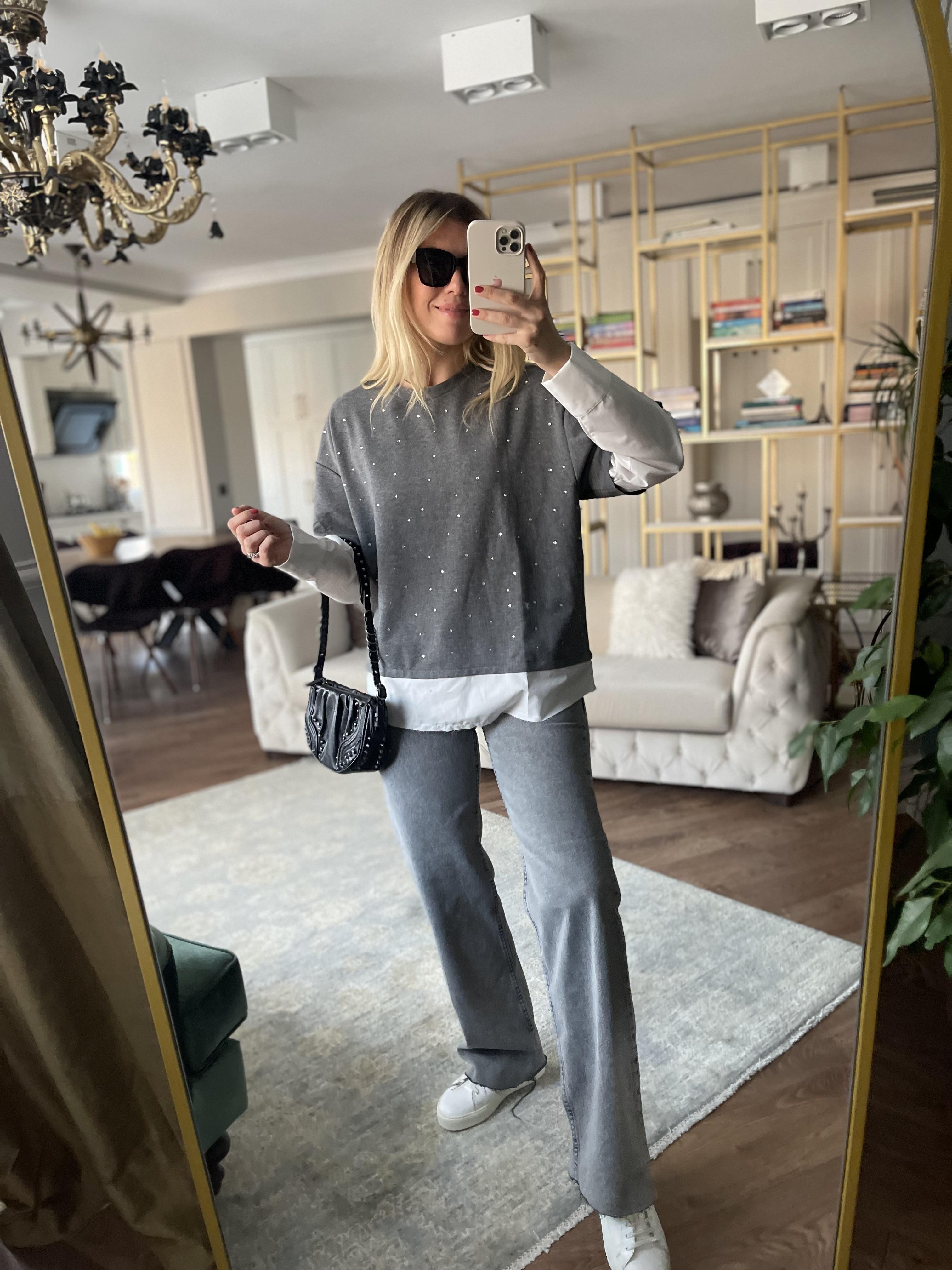Gri Gömlek Detaylı Taşlı Sweat · 4