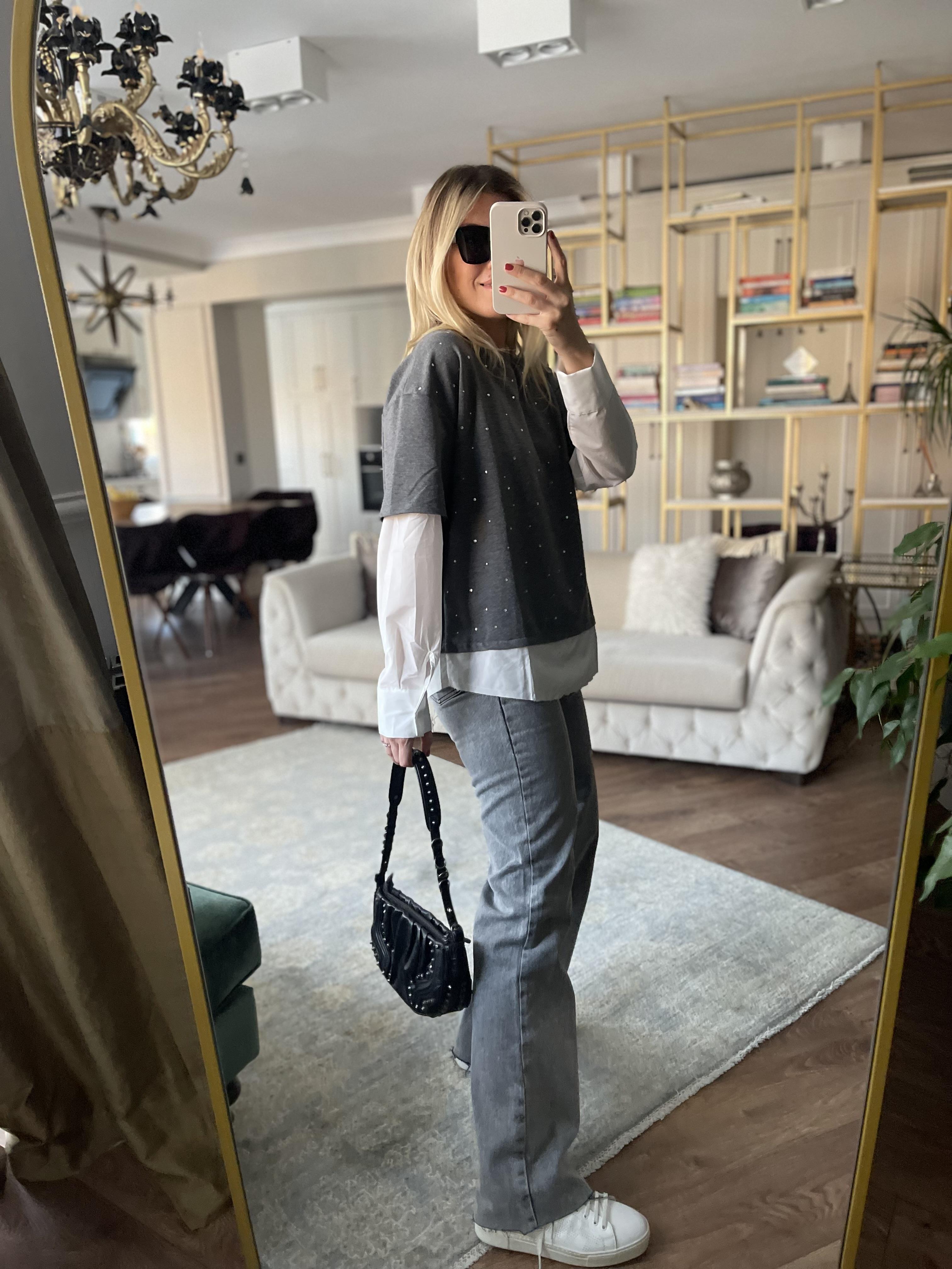 Gri Gömlek Detaylı Taşlı Sweat · 6