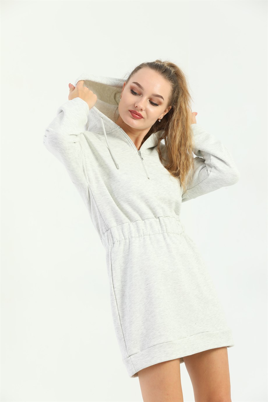 Gri Kapüşonlu Sweat Elbise 