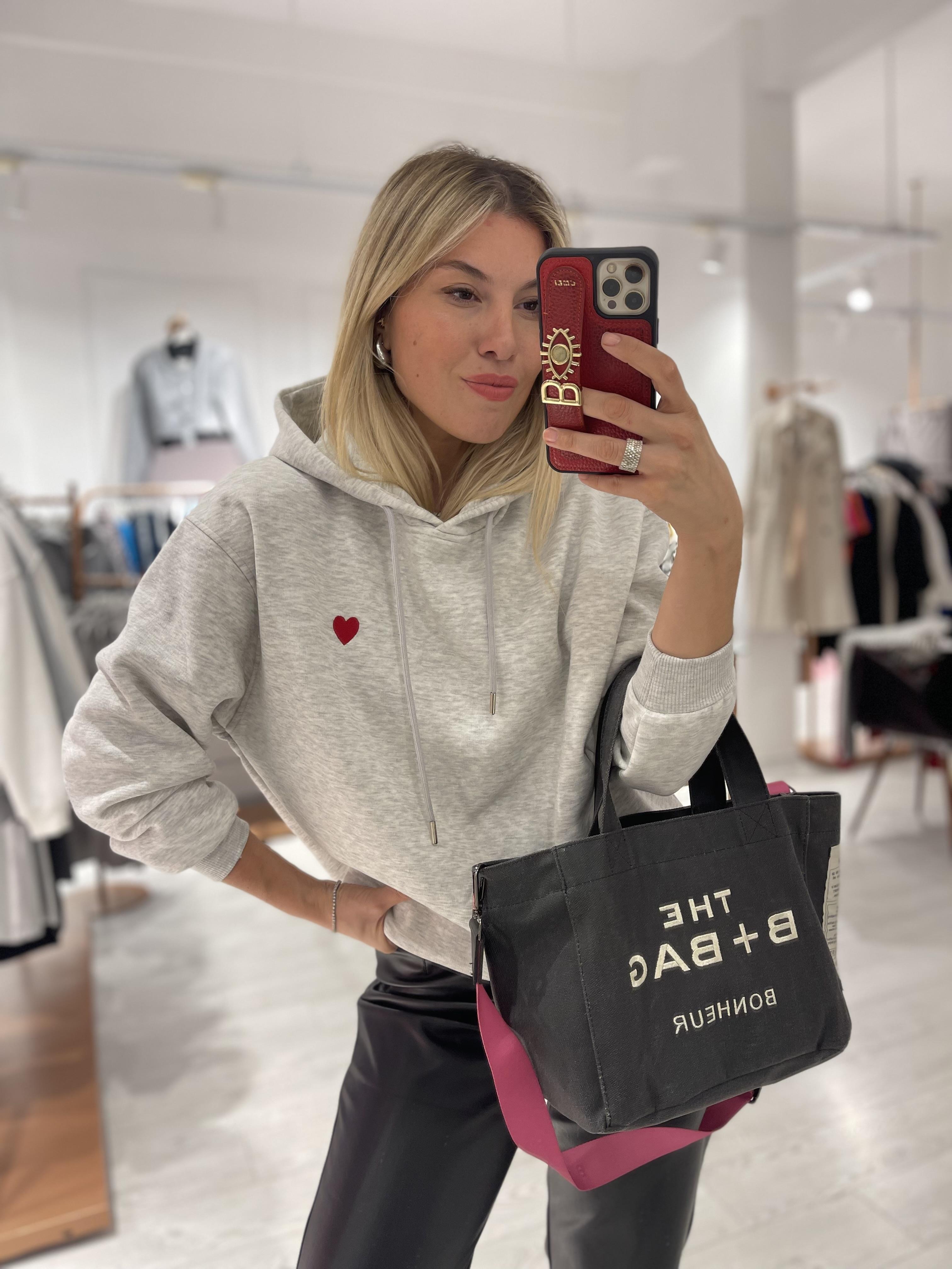 Gri Mini Kalp Nakışlı Kapüşonlu Sweat