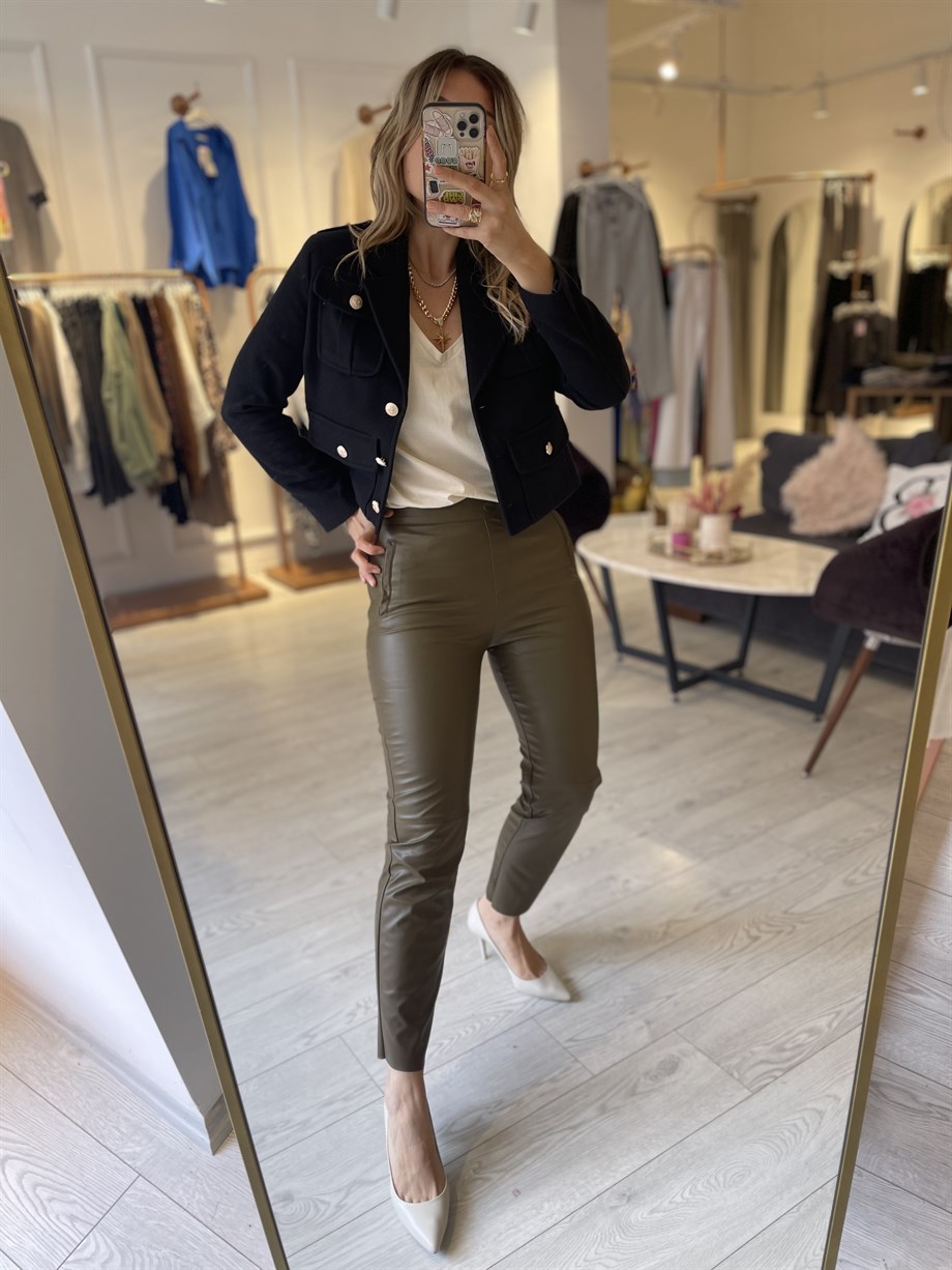 Haki Boru Paça Deri Pantolon