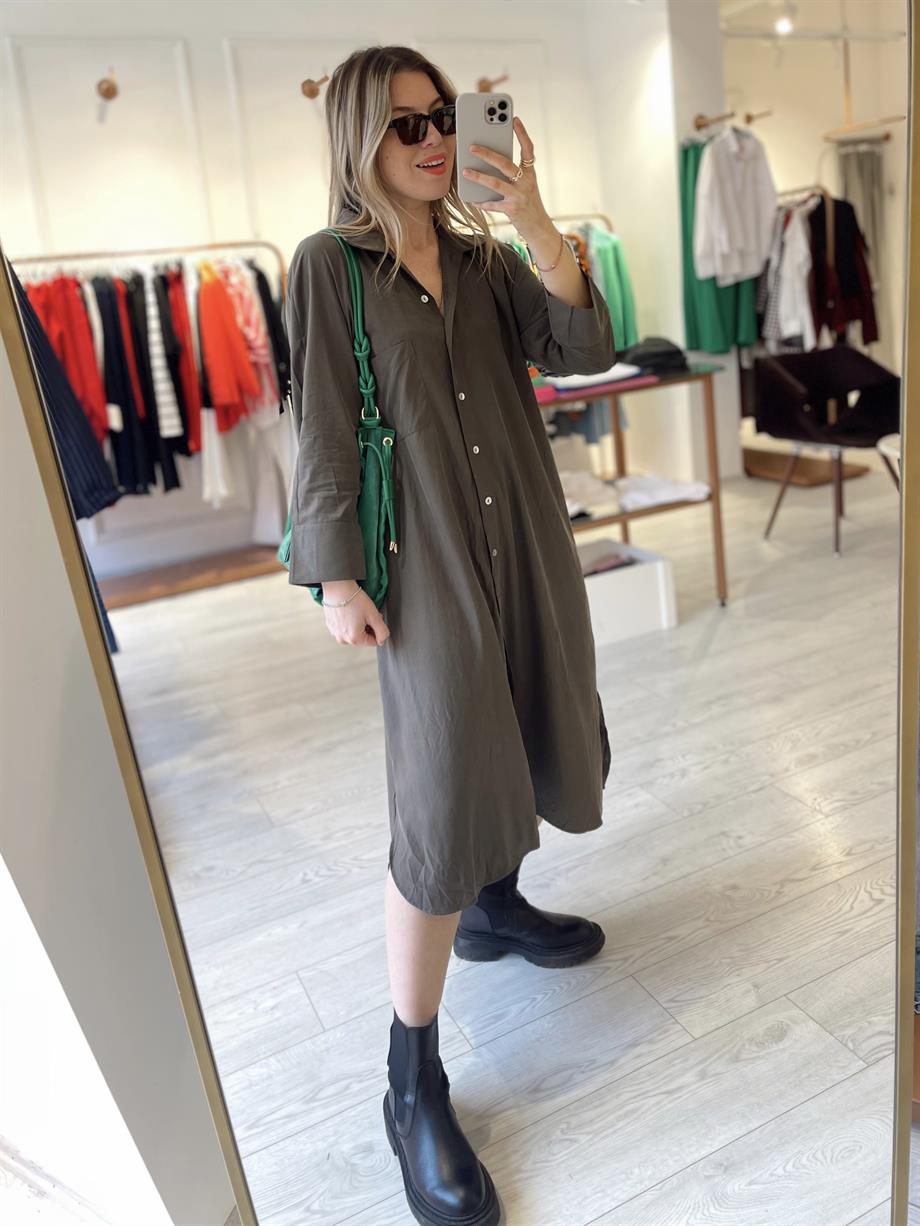 Haki Tensel Kumaş Gömlek Elbise