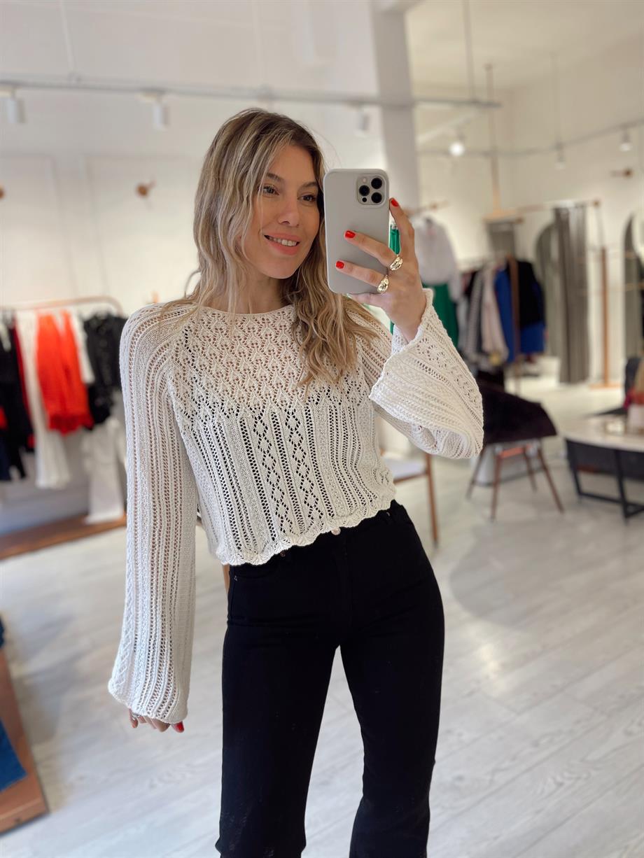 Ham Ekru Delikli Reglan Kol Triko Kazak