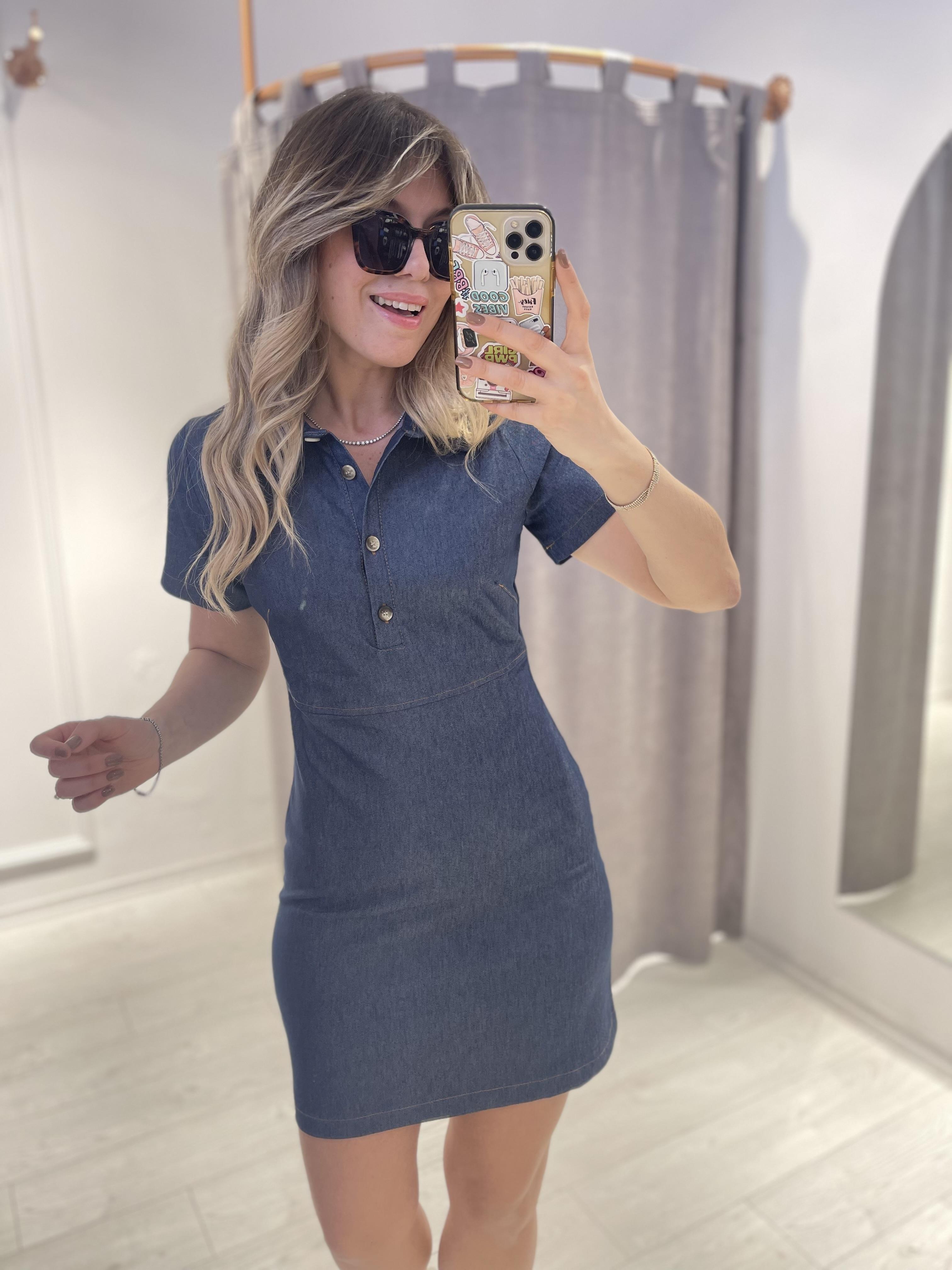 İnce Denim Yarım Kollu Mini Elbise · 5