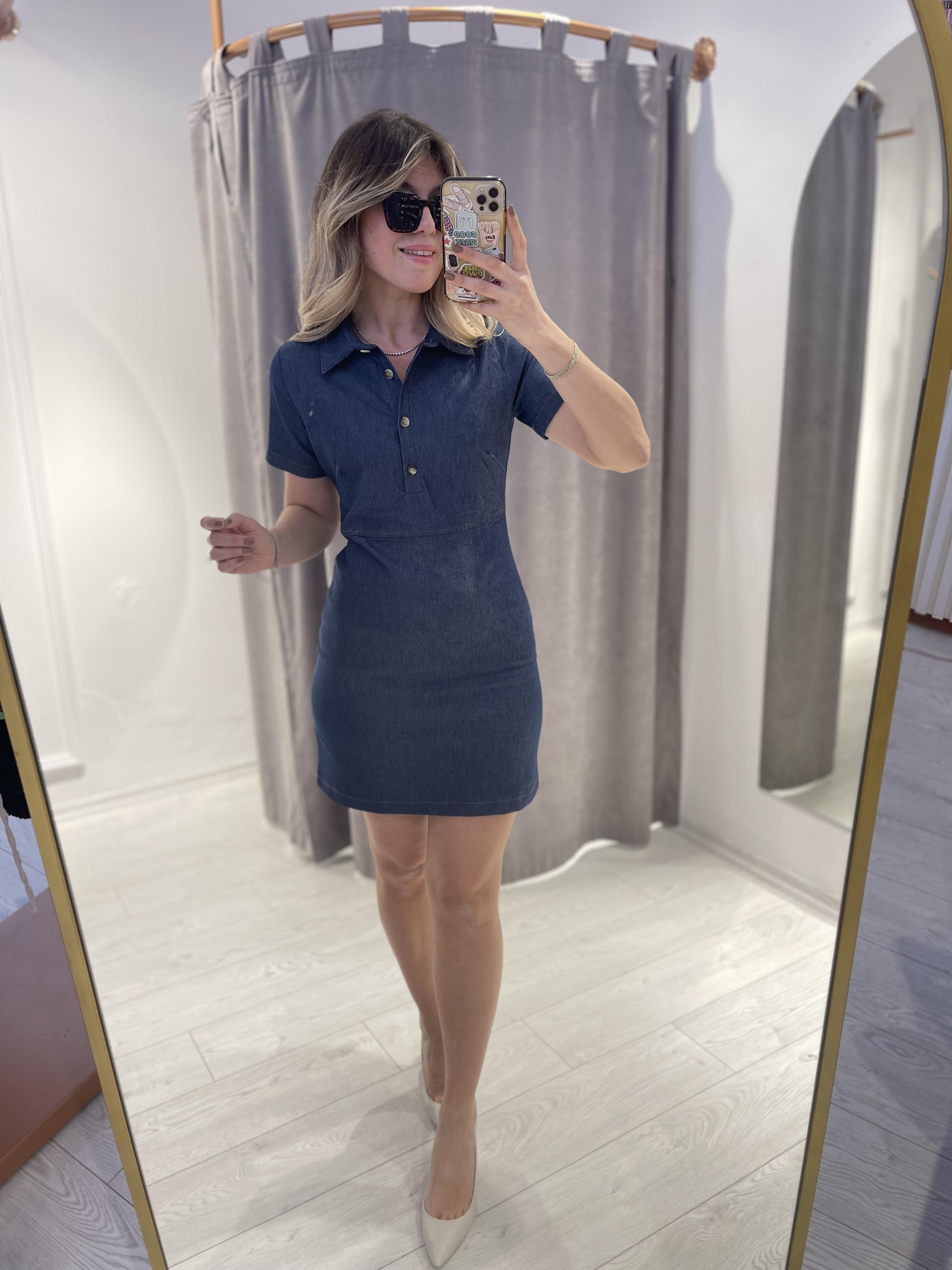 İnce Denim Yarım Kollu Mini Elbise · 2