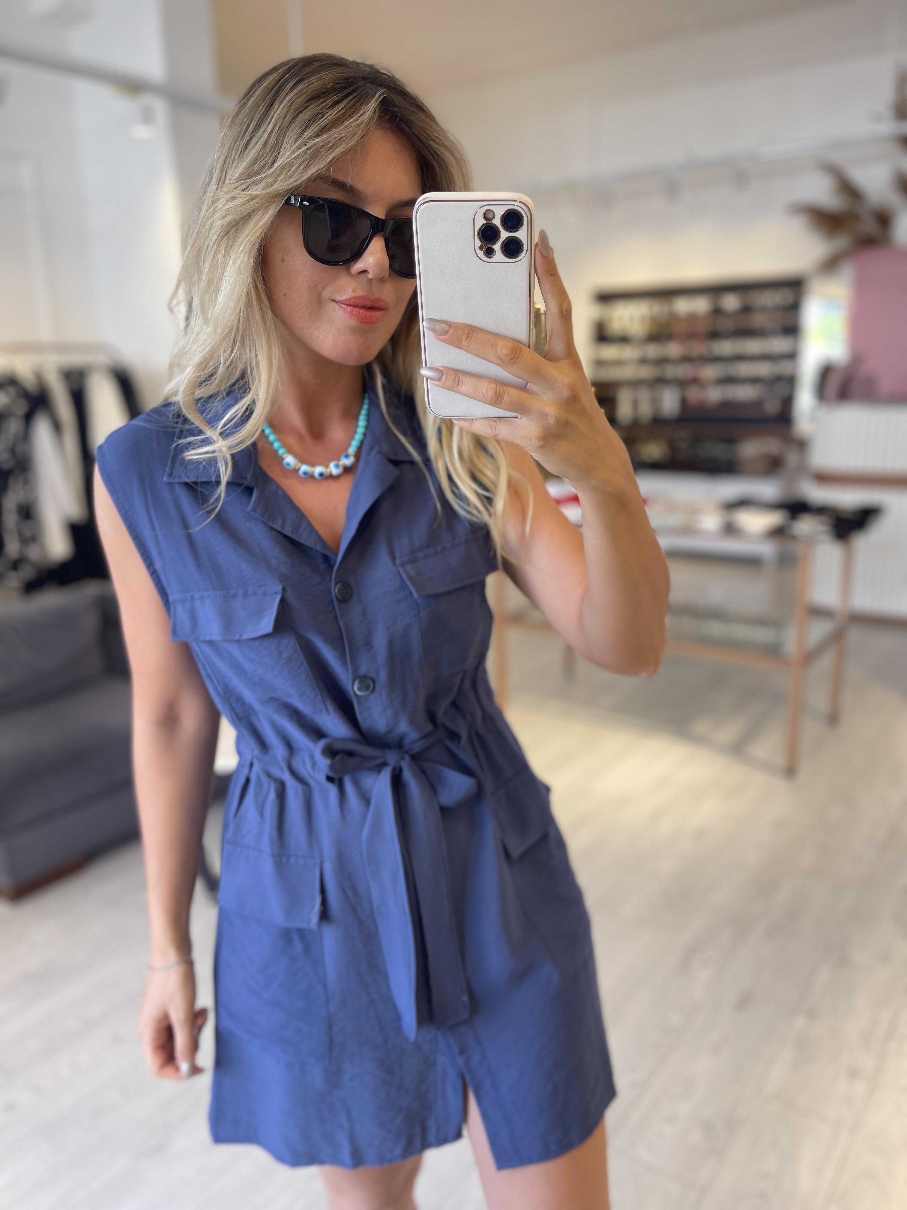 İndigo Mini Tensel Düğmeli Elbise