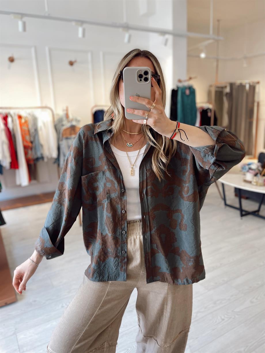 Kahve Desenli Oversize Tensel Gömlek