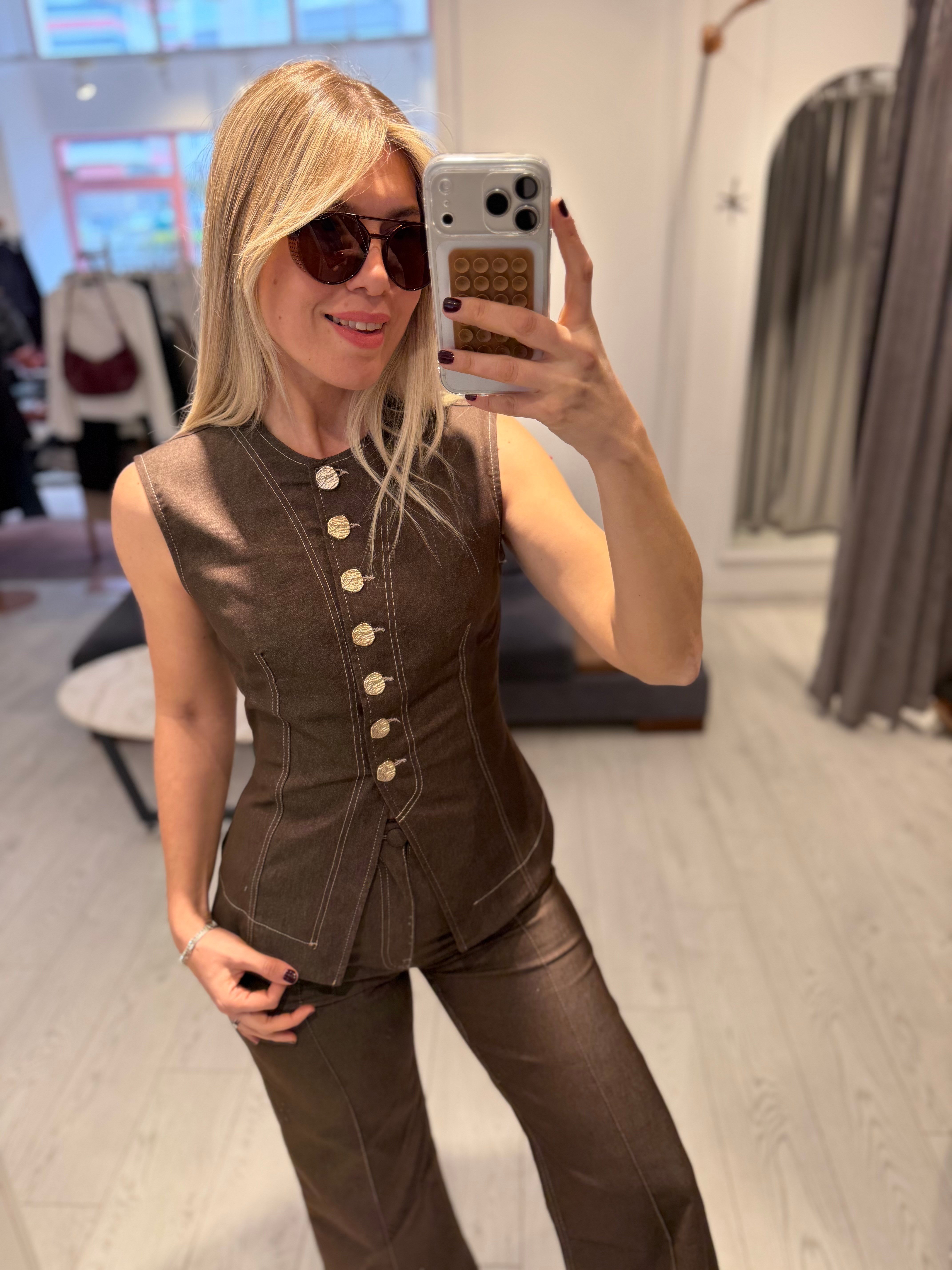Kahve Tensel Denim Gold Düğmeli Yelek Pantolon Takım